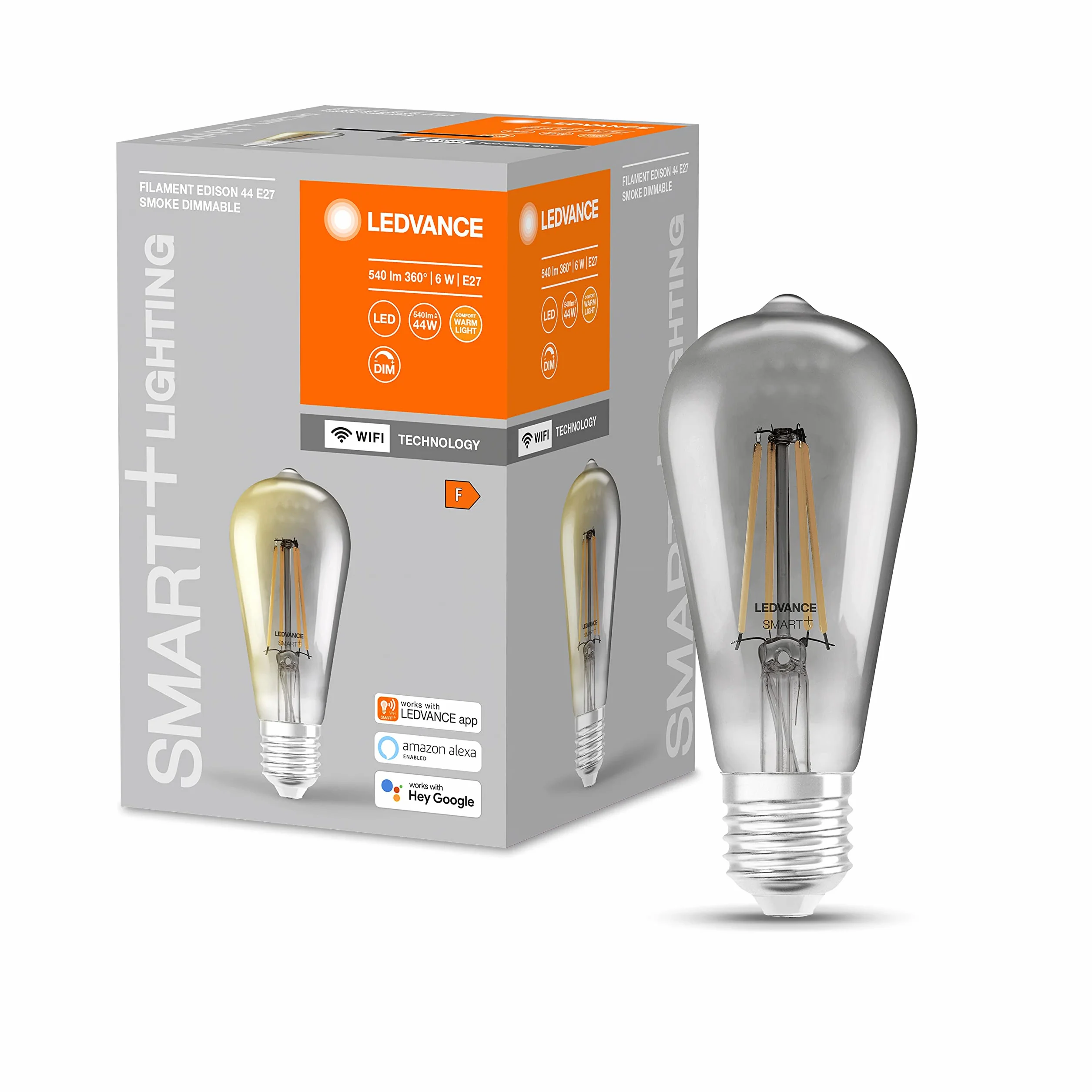 LEDVANCE Smart żarówka LED z Wifi, trzonek E27, ściemnianie, ciepła biel (2500K), kształt Edison, przezroczysty żarnik w przydymionym szkle, możliwość sterowania za pomocą Alexa, Google i aplikacji
