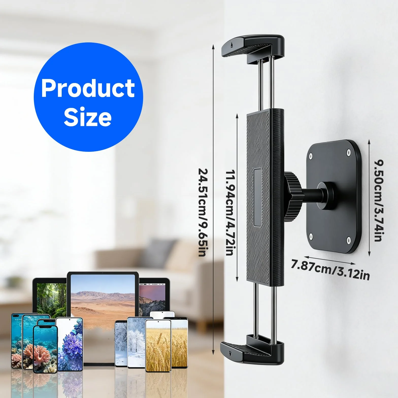 Uchwyt Ścienny do Tabletu Regulowany z Obrotową Podstawą 360° 4,7-12,9 Cala Kompatybilny iPad Pro Surface Pro Galaxy Tab