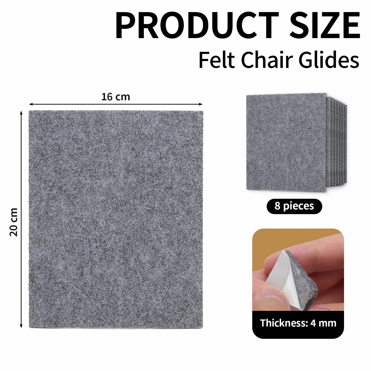 Podkładki na krzesła 8 sztuk 16 x 20 cm - filc o grubości 4 mm, podkładki meblowe, podkładki filcowe do cięcia parkietu - odporne na zarysowania, dźwiękoszczelne, ciche