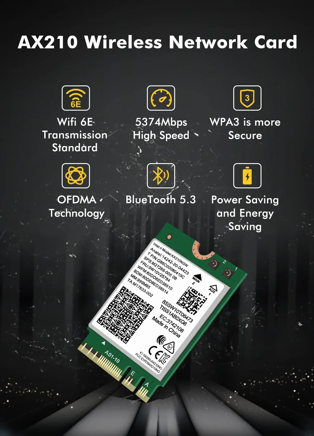 Karta bezprzewodowa WiFi 6E Intel AX210 NGW Bluetooth 5.2 Tri-Band 5400 Mbps adapter sieciowy do laptopa, obsługa systemu Windows 10/11 (64 bit) M.2/NGFF