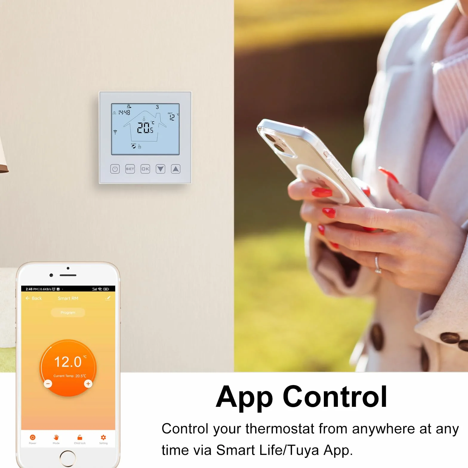 KETOTEK Termostat WiFi Elektryczne Ogrzewanie Podłogowe Alexa/Google Assistant zgodny 230V z sondą, Inteligentny Termostat Pokojowy do Podłogi Biały Tuya/Smart Life App Kontrola