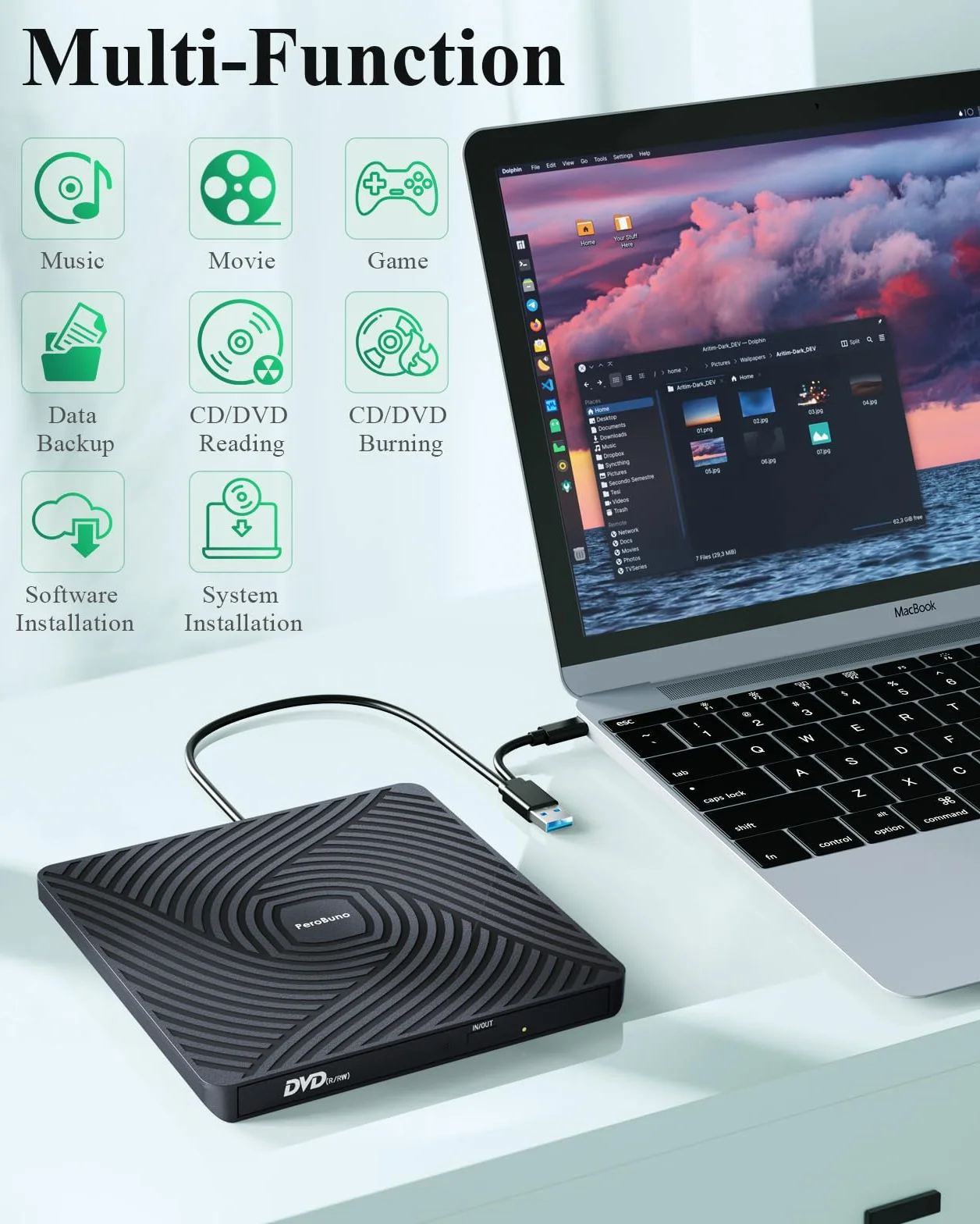 PeroBuno Zewnętrzny Napęd CD DVD, Napęd Optyczny USB 3.0 Typu C, 0,5-calowy Ultra-Slim Przenośny Odtwarzacz Płyt CD ROM Do Laptopów PC Windows 11/10/8/7 Linux Mac OS