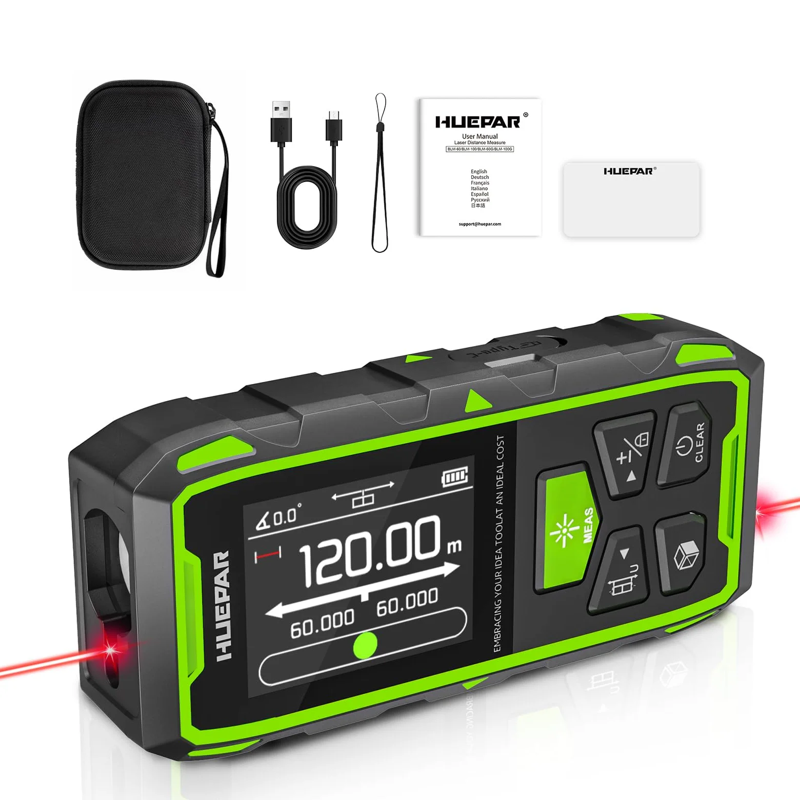Dalmierz z podwójną głowicą, Huepar 120M czerwony laserowy miernik z laserem, podświetlany LCD, pomiar odległości, powierzchnia i objętość oraz tryb pitagorejski