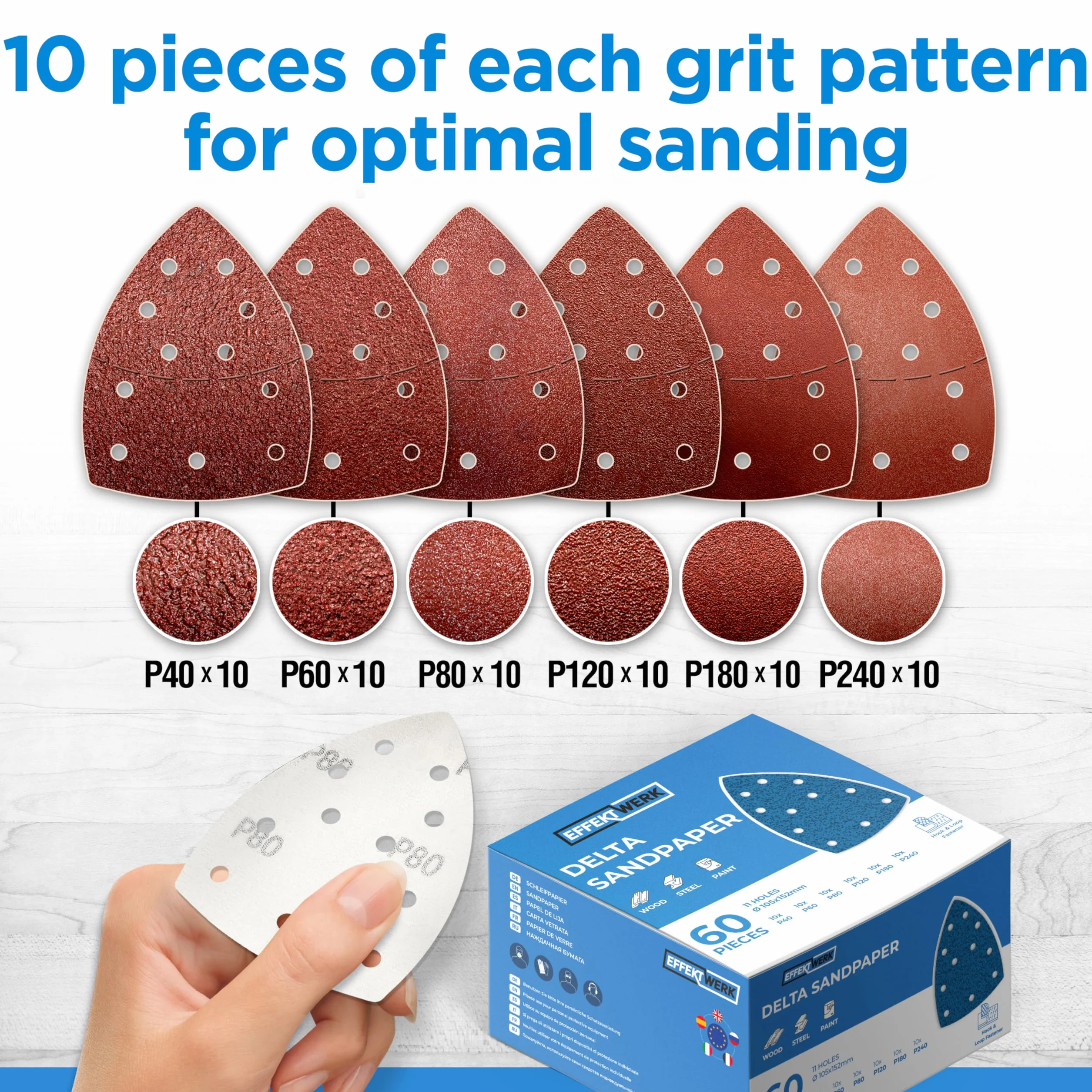 Delta Sandpapers - 120 Pack, 11 Holes - 105 x 152mm Triangle Sanding Pads for Triangular Sanding Machines - Multiple Grit Size (40, 60, 80, 120, 180, 240)