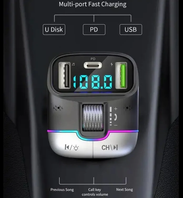 Mp3 Dual USB Qc PD FM Modulator Audio Adapter Ładowarka samochodowa 3D Car Mp3 Player FM Nadajnik Bluetooth 5.3 do samochodu... L (GZ01)
