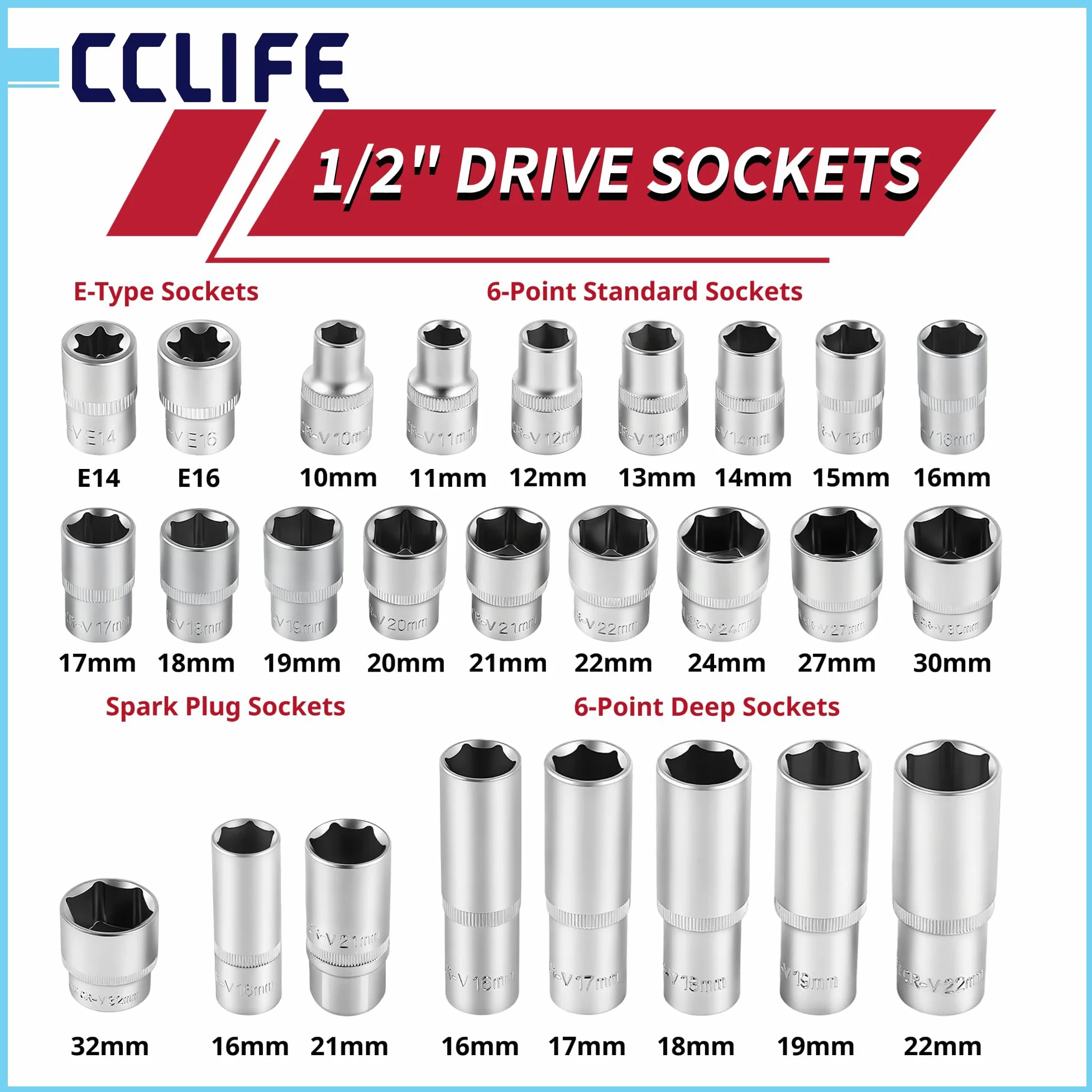 CCLIFE Zestaw kluczy nasadowych 171-częściowy – 1/4" 3/8" 1/2" skrzynka z grzechotką 72-zębową, zestaw kluczy nasadowych ze stali CrV – do samochodu, motocykla, warsztatu i majsterkowiczów