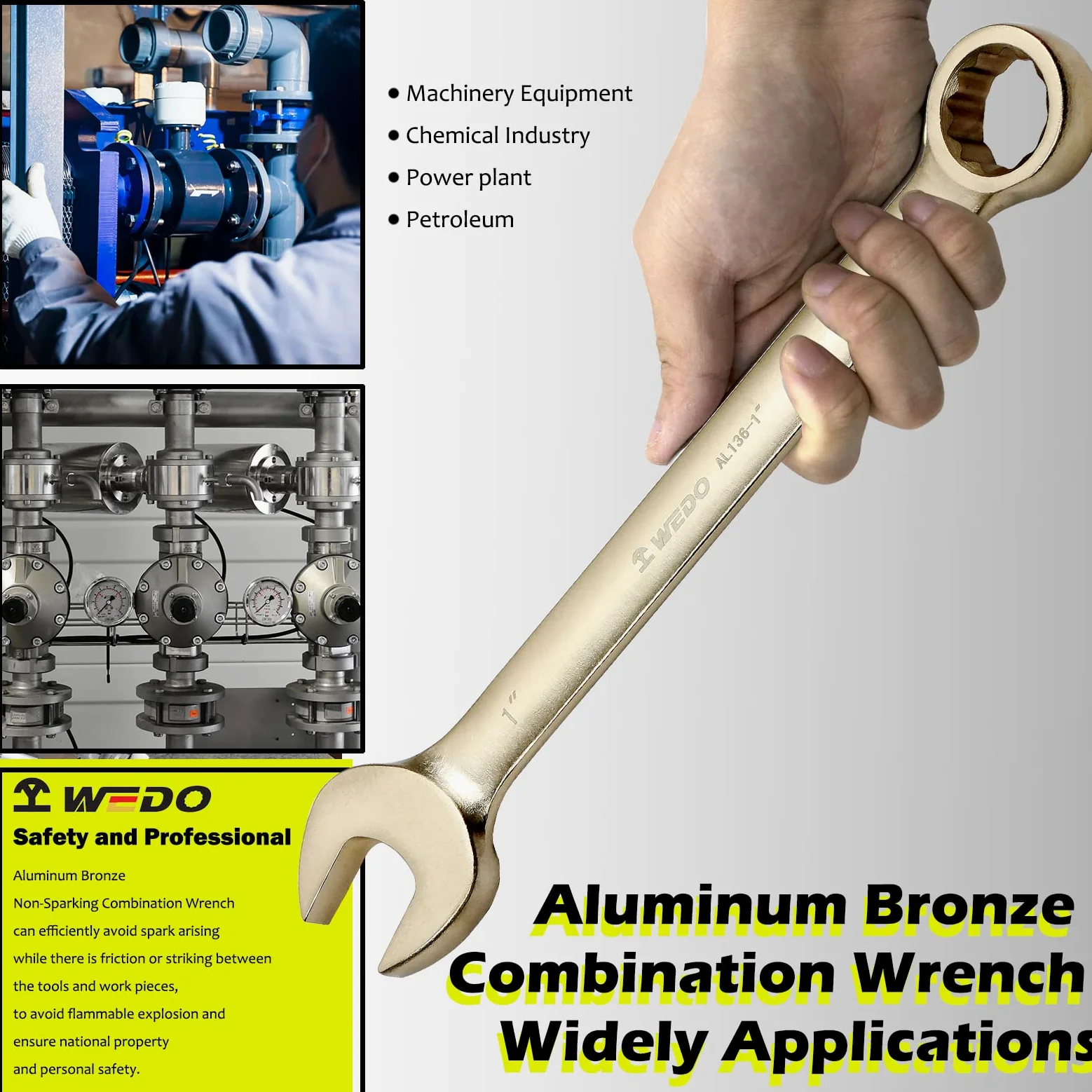 WEDO Klucz płasko-parkingowy, klucz bezpieczeństwa bez iskier, brąz aluminiowy, standard DIN, certyfikat BAM i FM, 24 x 265 mm
