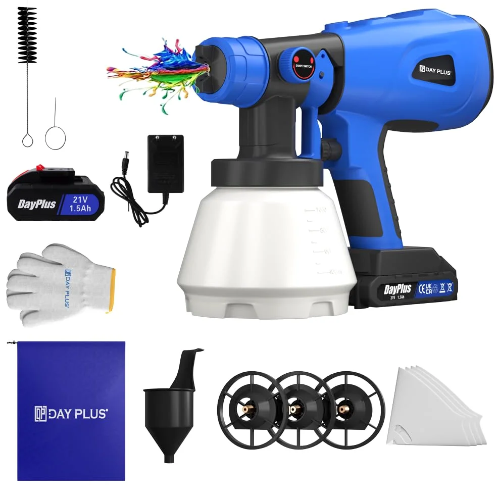 Elektryczny pistolet natryskowy do farby, 21 V, akumulator 600 W, system natryskowy z 3 wzorami i 4 dyszami, 1000 ml, pistolet lakierniczy HVLP, elektryczny pistolet do lakierowania ścian, sufitów,