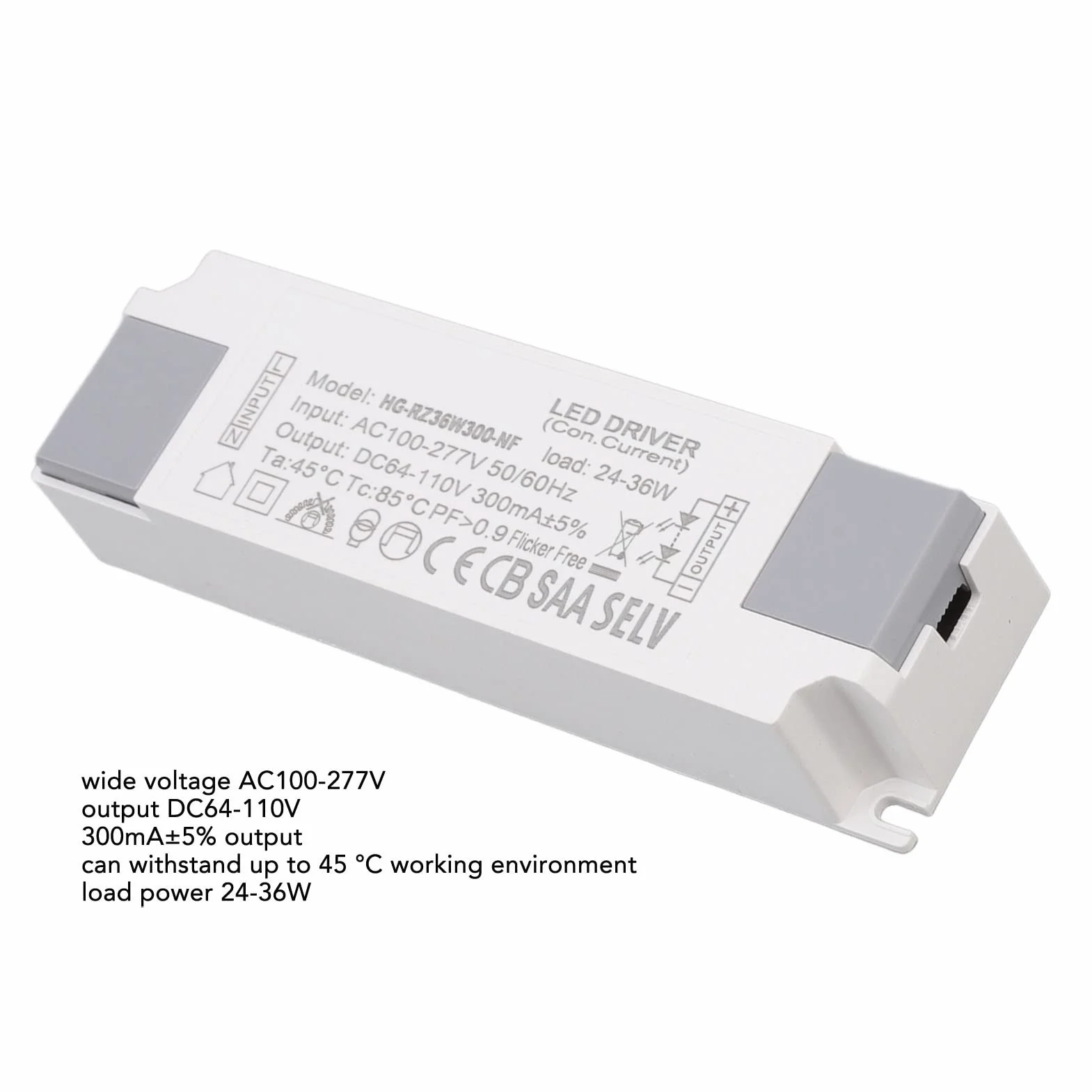 Syrisora ​​LED Driver Obciążenie Zasilanie Złącze Napędu Transformator do Oświetlenia LED 24-36W 300mA Wejście AC100-277V Wyjście DC64-110V