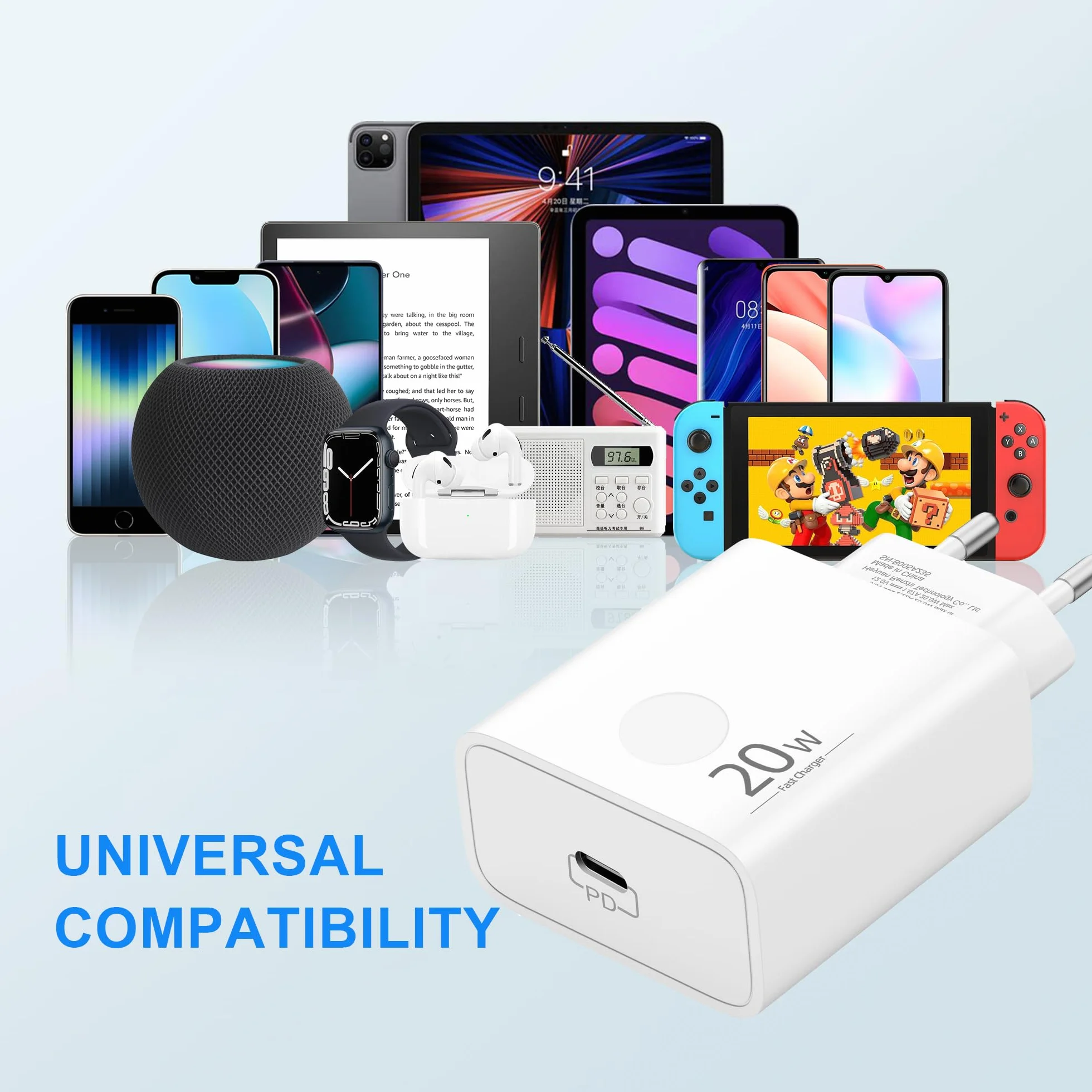 20W USB-C Szybka Ładowarka do iPhone 17 16 16e 15 Pro Max Plus Air, iPad, Samsung Galaxy S25 S24 Ultra, Google Pixel 10 9 8 7, USBC Zasilacz Wtyczka Adapter i Kabel Typu C 2m