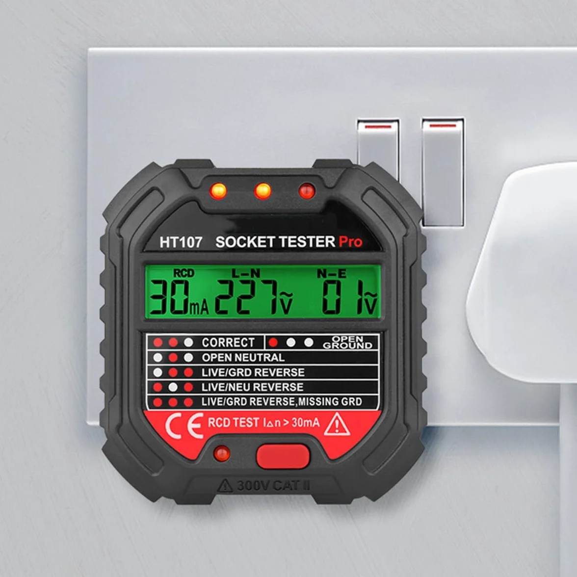 Tester gniazdek z kontrolką RCD, tester gniazd z kontrolką, 6 rodzajów diagnostyki błędów, tester napięcia, CAT ll 300 V