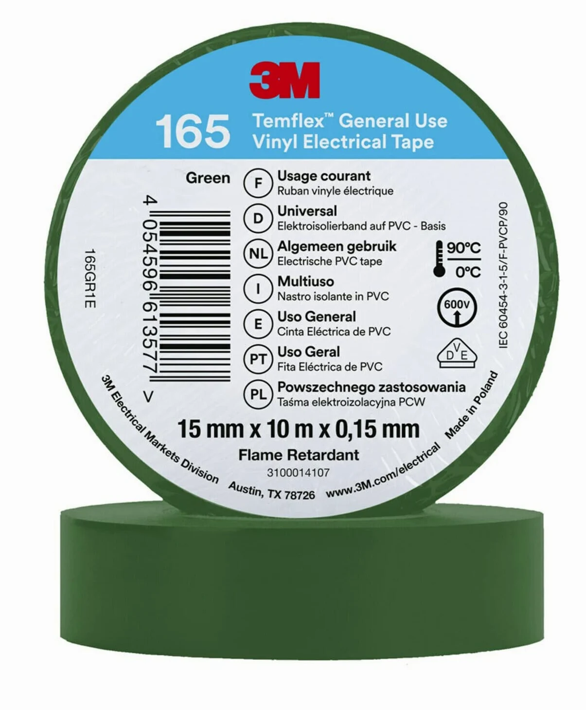 3M Temflex Winylowa taśma elektryczna 165, zielona, 15 mm x 10 m, 100 rolek/obudowa