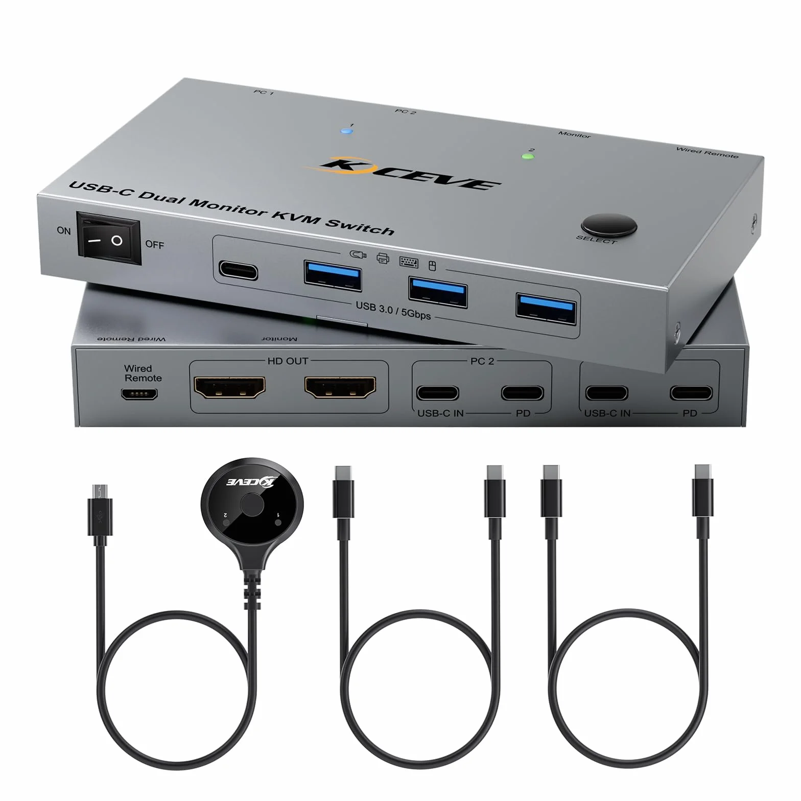 KVM Switch 2 Komputery 2 Monitory USB C HDMI 4K@60Hz Dual Monitor MST 80W PD Wired Remote