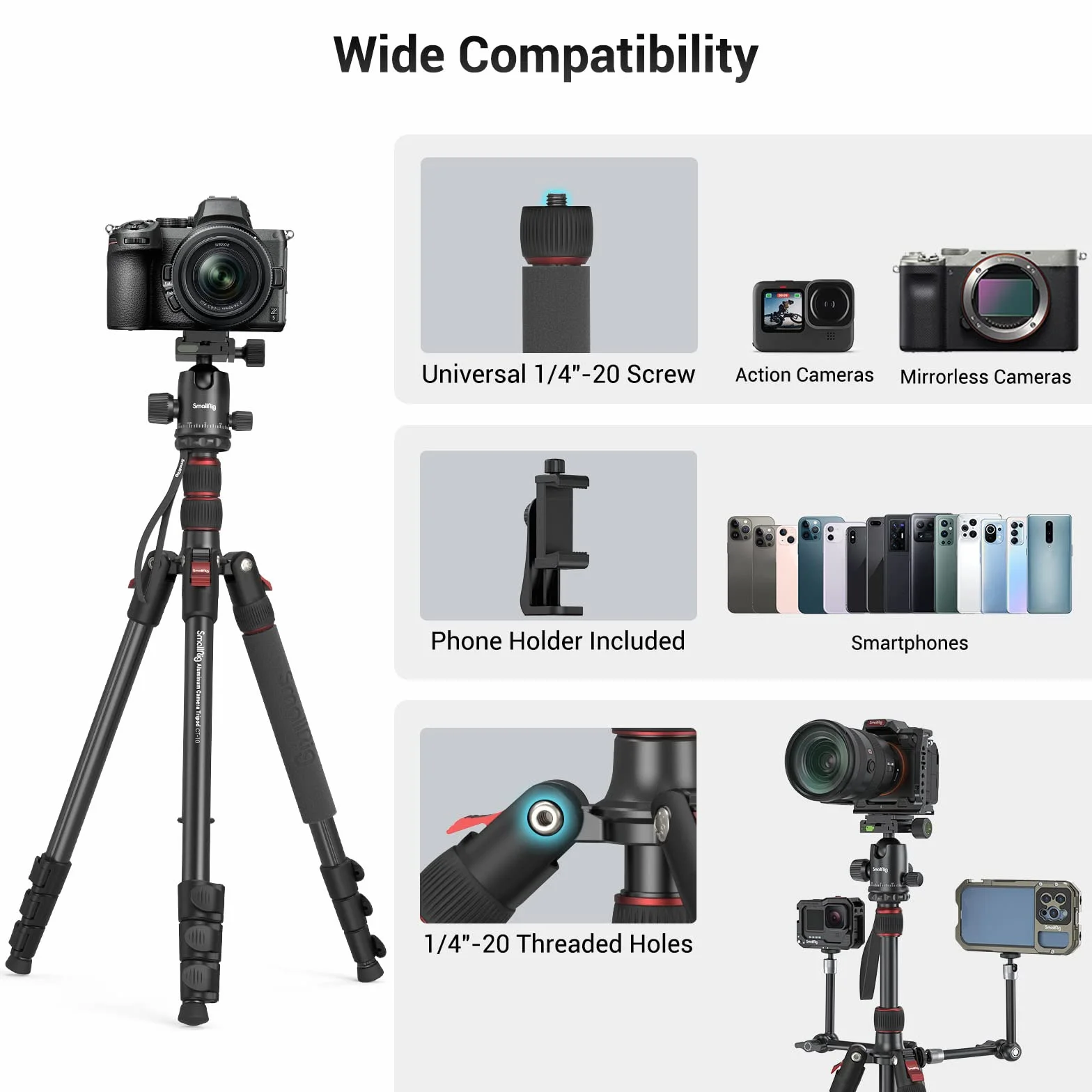 SMALLRIG 71" statyw fotograficzny składany aluminiowy, głowica kulowa 360°, ładowność 15 kg
