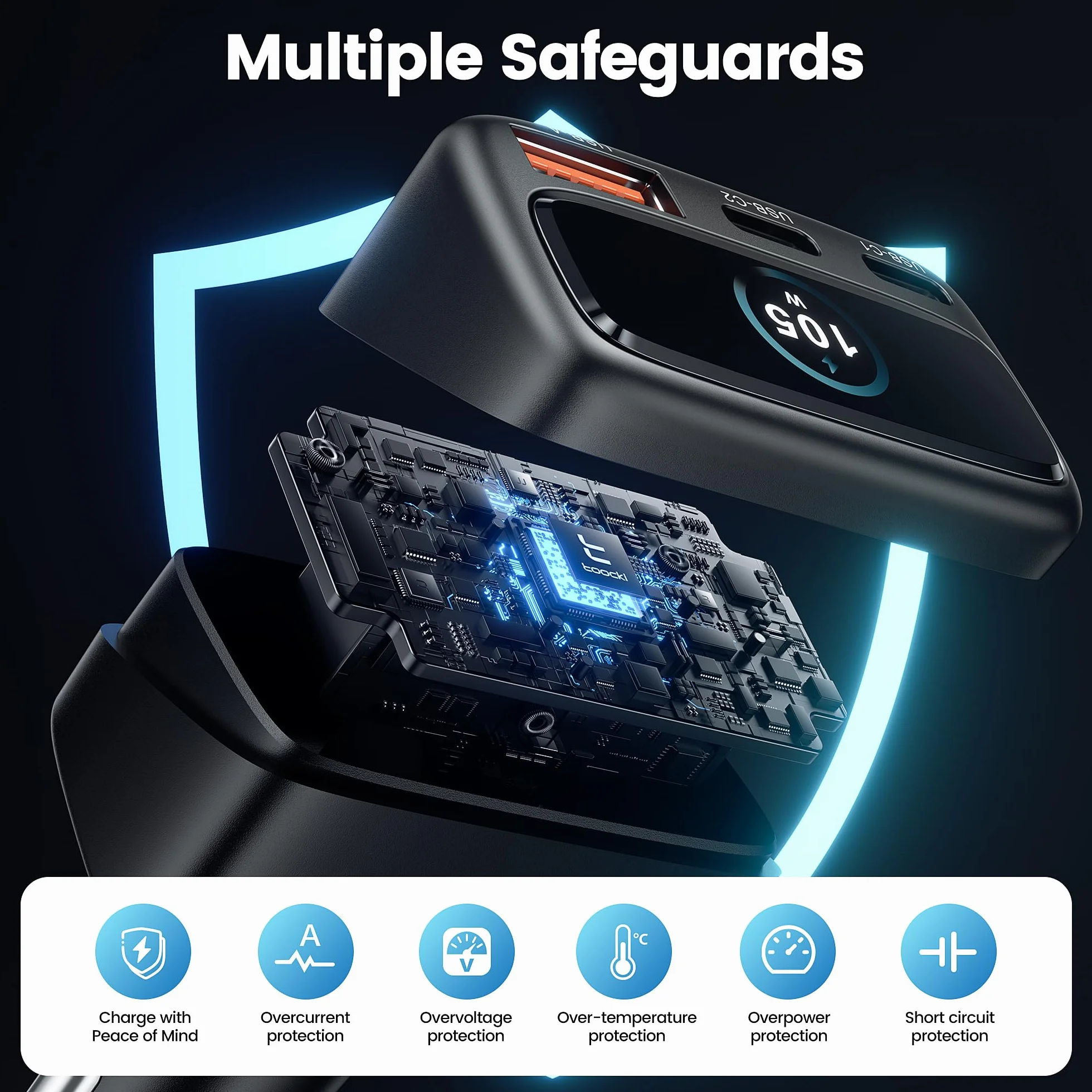 toocki Ładowarka samochodowa USB C 105 W z inteligentnym wyświetlaczem cyfrowym, szybkie ładowanie 1 USB-A i 2 USB-C (45 W MAX)