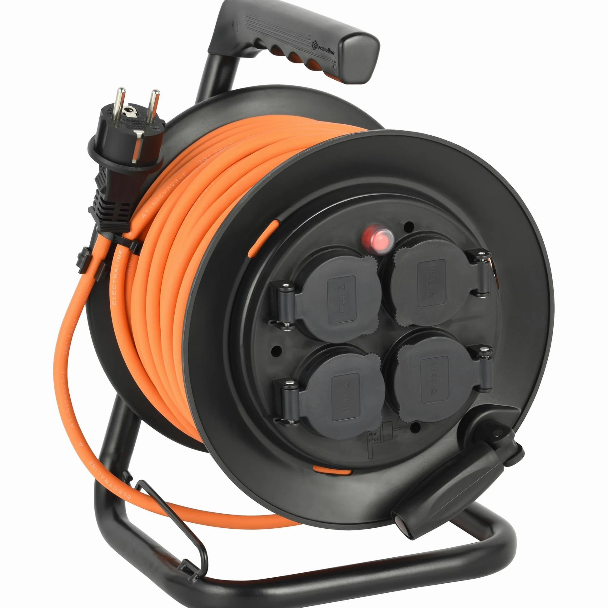 Electraline 49239 Bęben kablowy IP44, 25 m, specjalny kabel N05V3V3-F 3G1.5, zastosowanie do -35 °C, olej i promieniowanie UV, a ponadto wyjątkowo odporny na ścieranie, z 4 gniazdami ze stykiem