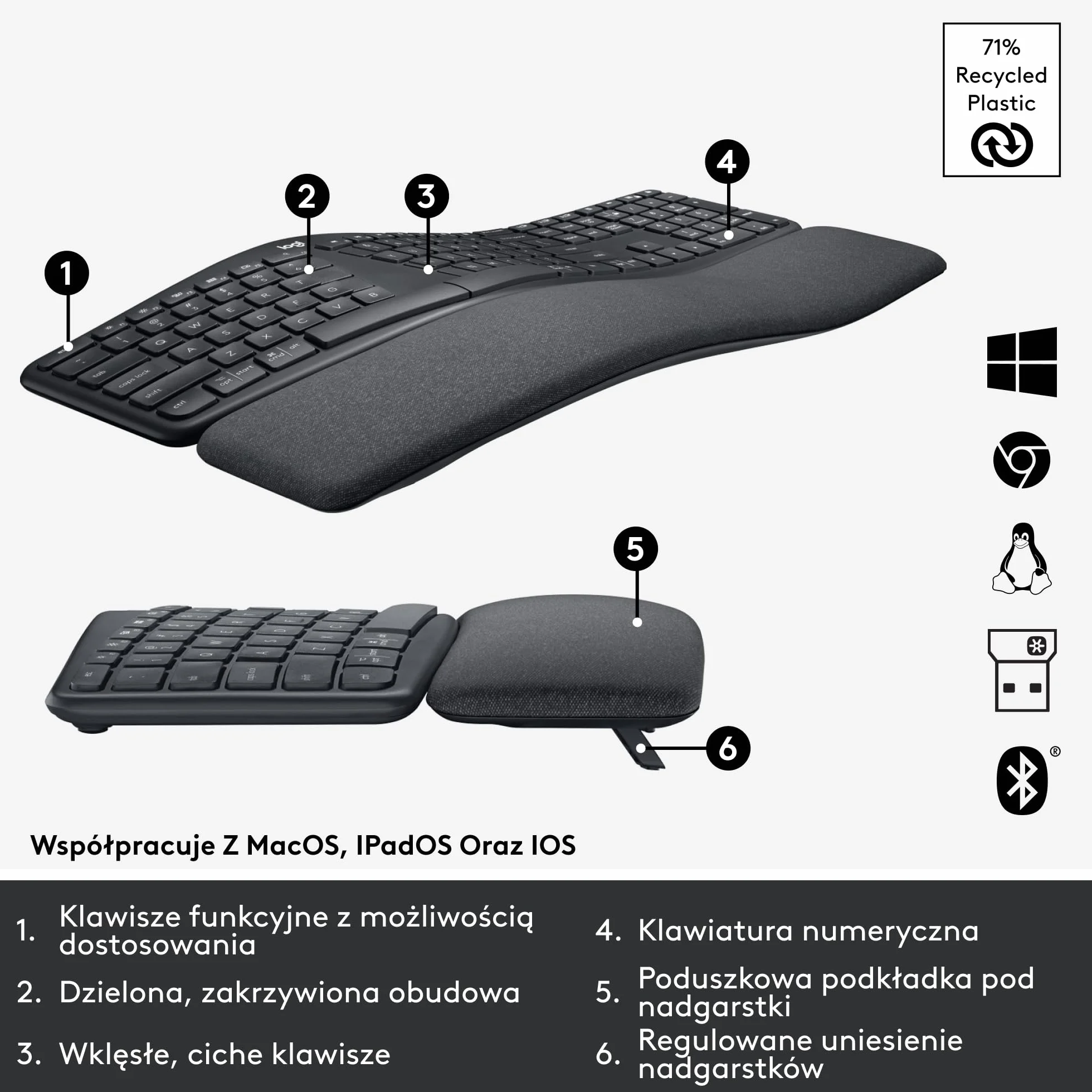 Logitech ERGO K860 - Bezprzewodowa ergonomiczna klawiatura dzielona, podkładka pod nadgarstek, łączność Bluetooth i USB, kompatybilna z Windows/Mac, QWERTY US Intl - Czarny