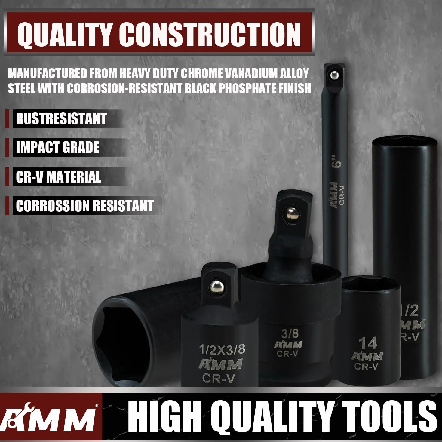 AMM Zestaw nasadek udarowych 3/8”, 48 szt., standard SAE (5/16 do 3/4”), rozmiar metryczny (8–22 mm), drążek przedłużający 7,6 i 15,2 cm, uniwersalne złącze udarowe, adapter udarowy 3/8 do 1/2”, CR-V