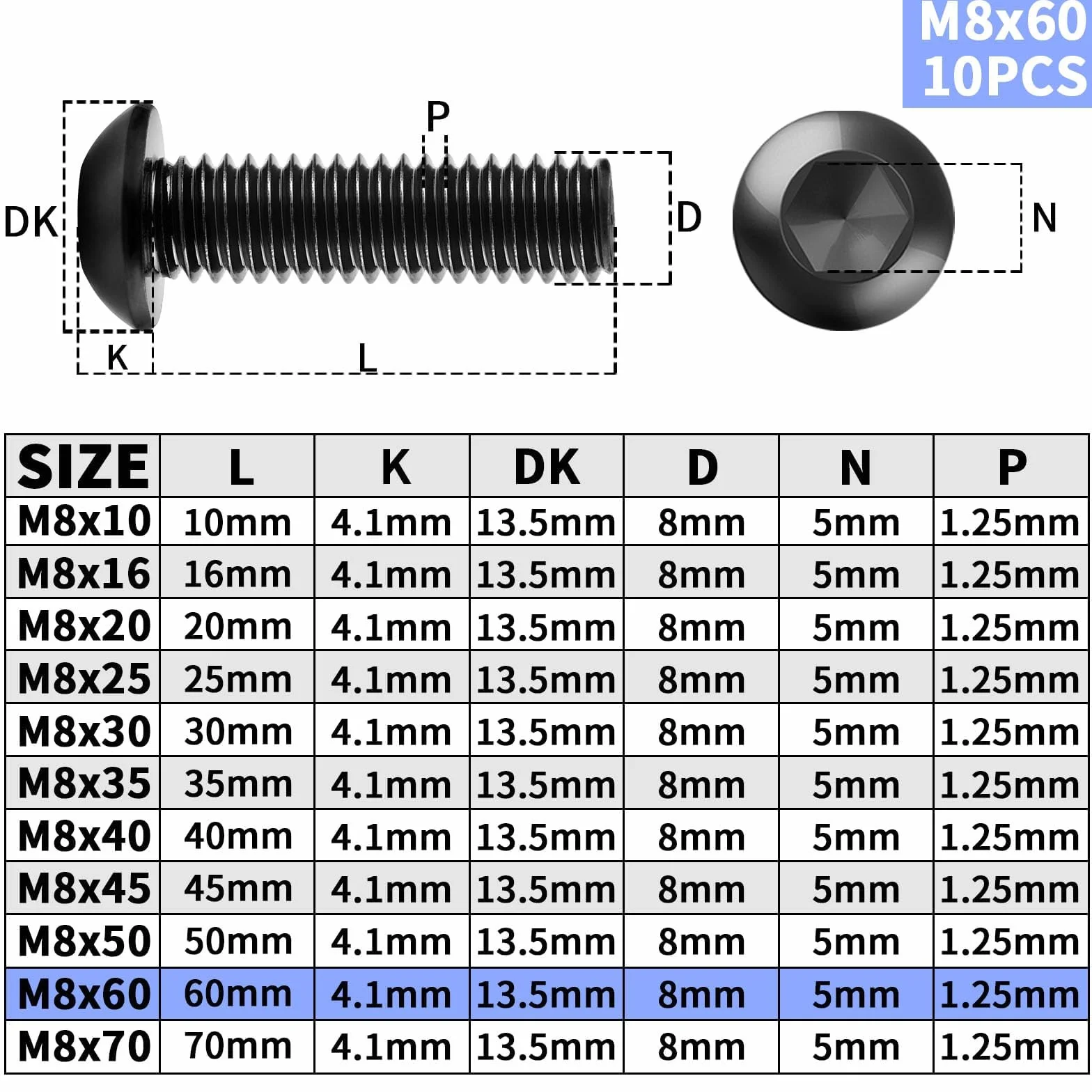 10 sztuk śrub z łbem soczewkowym M8 x 60 mm czarne śruby z łbem płaskim M8 304 stal szlachetna z gniazdem sześciokątnym pełny gwint śruby meblowe do projektów DIY, napraw mebli, montażu