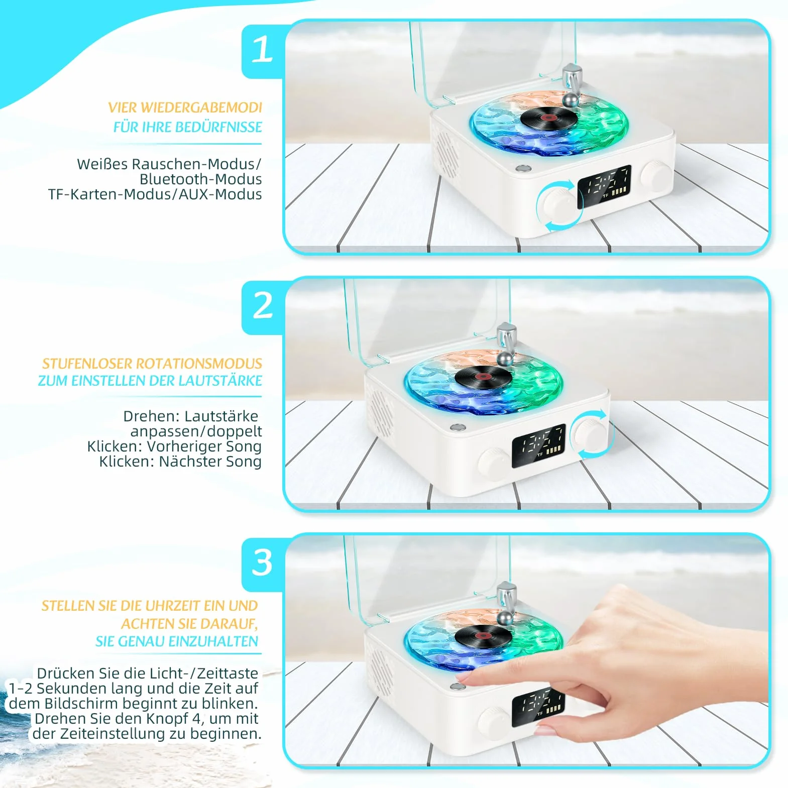Odtwarzacz płyt winylowych Waves z głośnikiem Bluetooth i światłem Water Ripple
