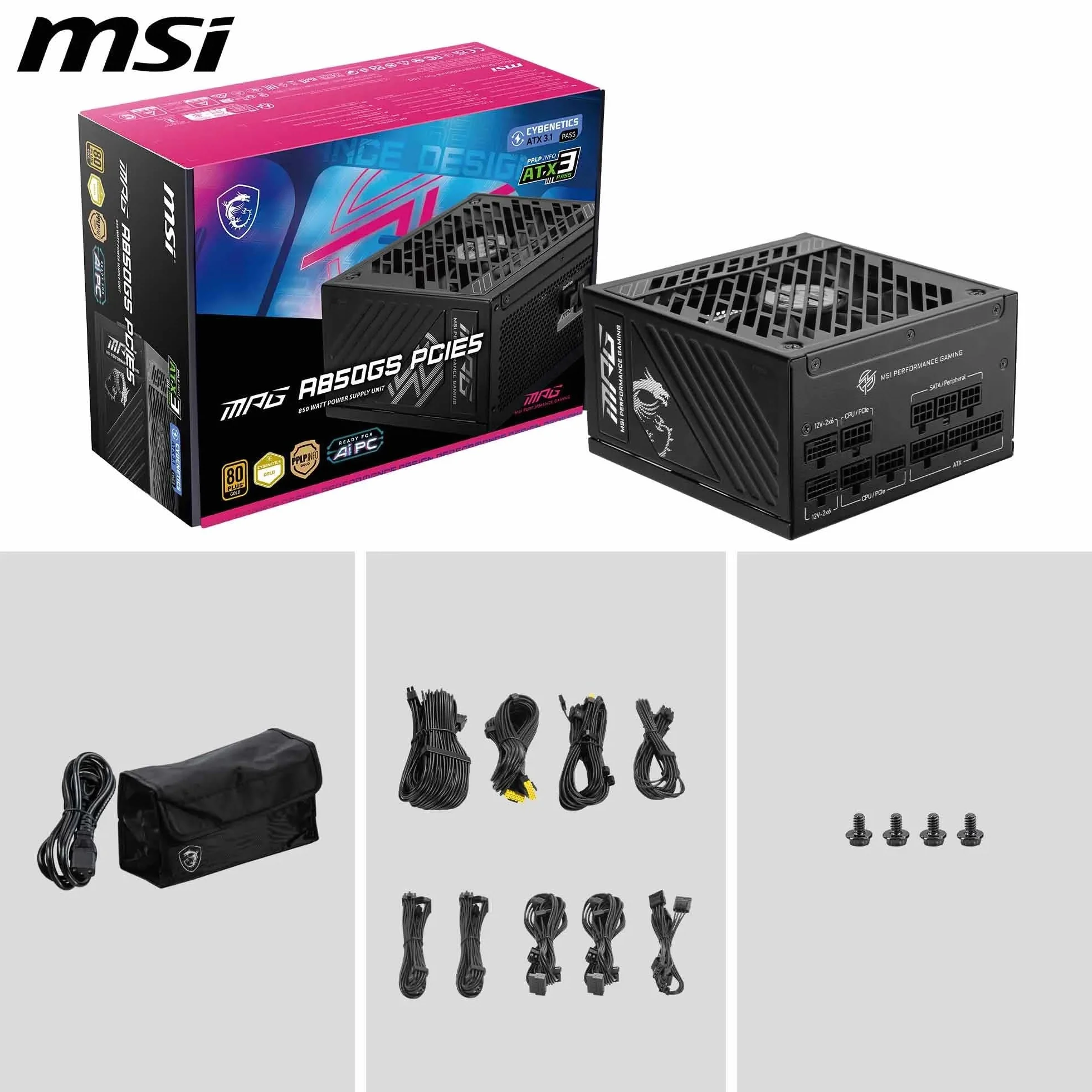 MSI MPG A850GS PCIE5 zasilacz sieciowy 850 W 80 Plus Gold ATX 3.1 PCIe 5.1