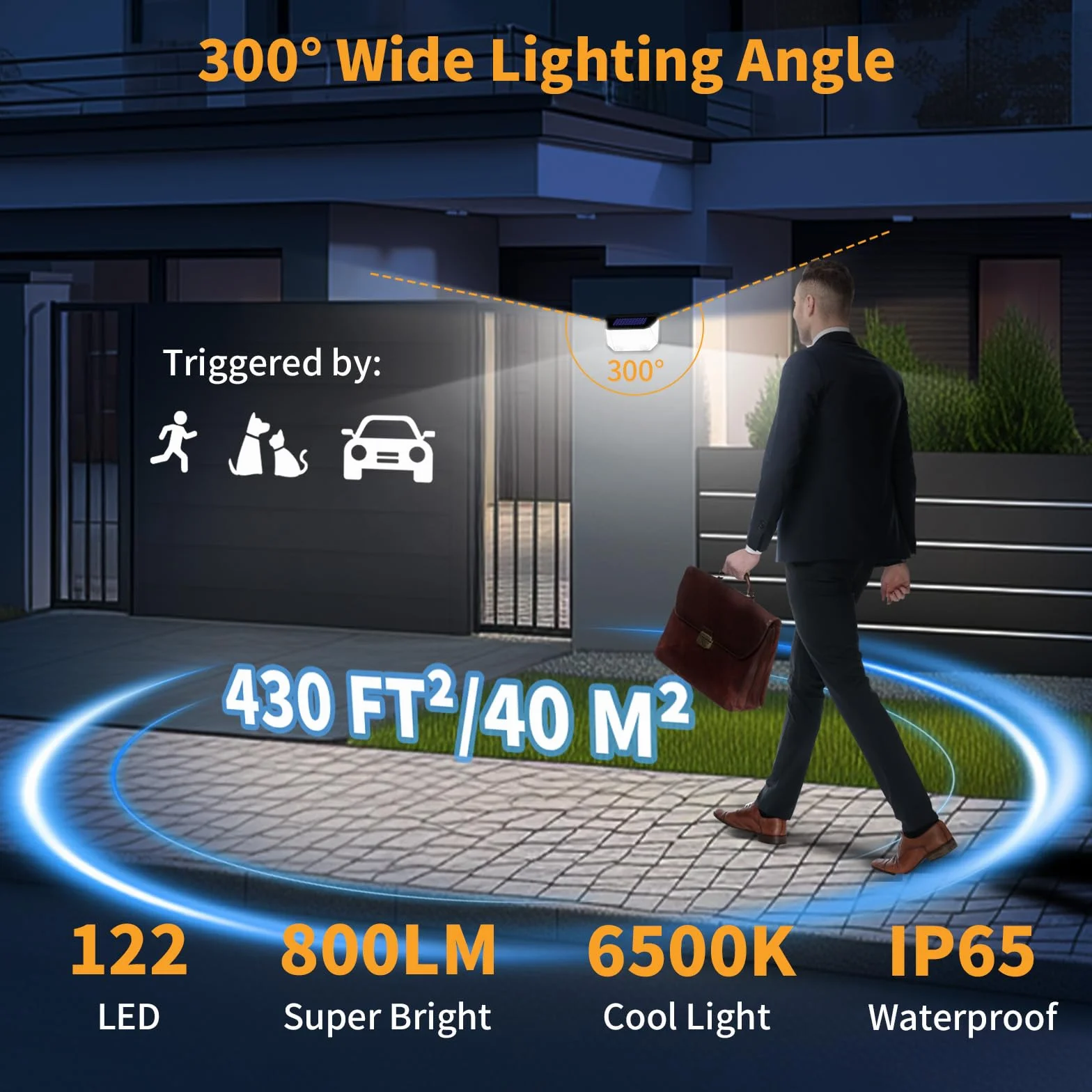 K KASONIC Solarne lampy ogrodzeniowe z dwoma czujnikami, wodoodporne lampy ruchowe 6500 K o szerokim kącie oświetlenia 300°, do ogrodu, 4 sztuki, zewnętrzne oświetlenie ścienne do domu