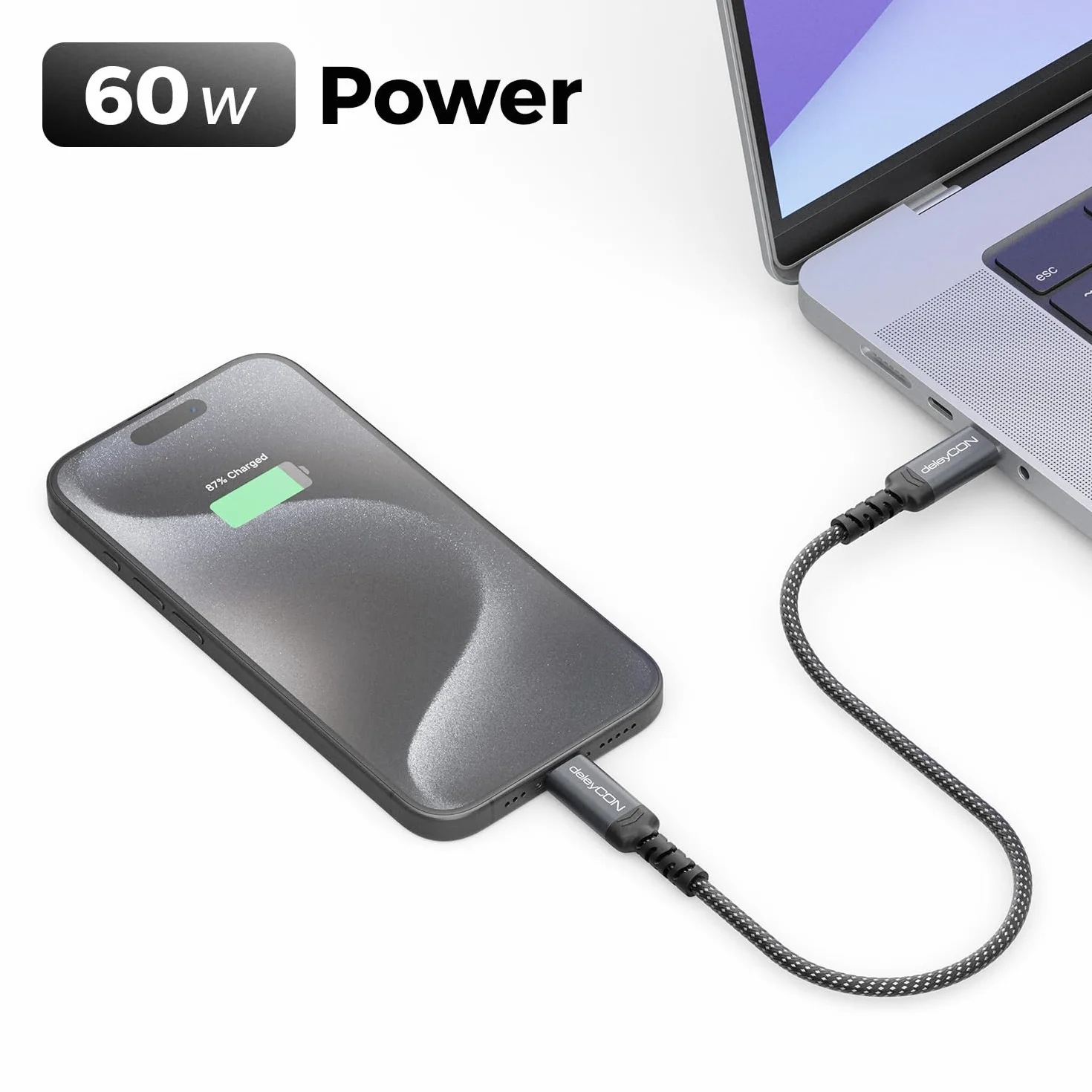 deleyCON 2x 0,30m Kabel USB-C 60W Szybkie ładowanie PD 3.0 PPS USB-C do USB-C do iPhone 16 15 Pro Max Air, Galaxy A16 A56 S25 S24 S23, Pixel, iPad Pro, MacBook