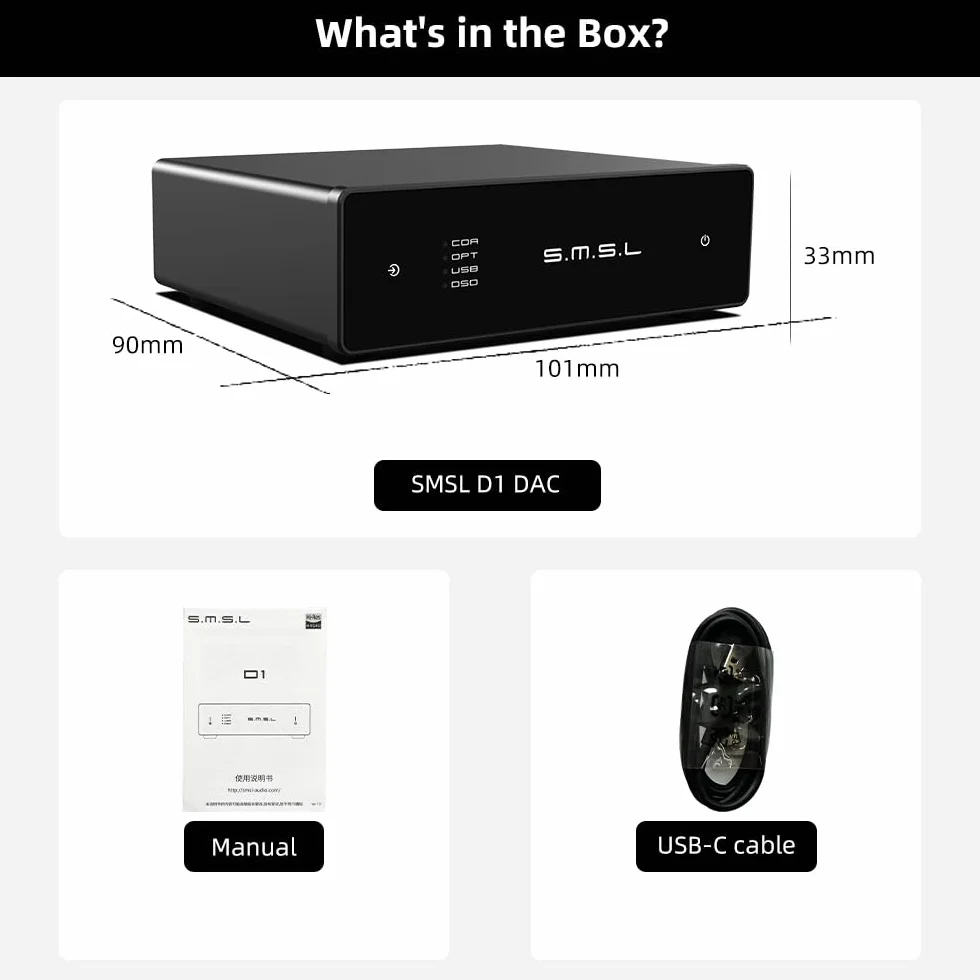 S.M.S.L D1 Hi-Res Audio Dac RohmBD34352EKVchip Touch Control RCA oup 768kHz/32bit DSD512 THD+N 0.00038% MQA Audio DAC Dual USB/Optical/Coaxial input SNR126dB for phone/pad/PC/TV/DVD Home Desktop DAC