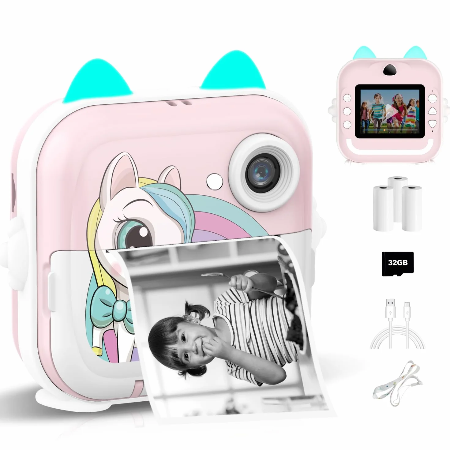 Aparat cyfrowy dla dzieci, 1080P 2.4" HD Aparat fotograficzny dla dzieci z kartą 32 GB i papierem do drukowania, natychmiastowa kamera wideo selfie dla dzieci w wieku 6 lat i starszych, prezent