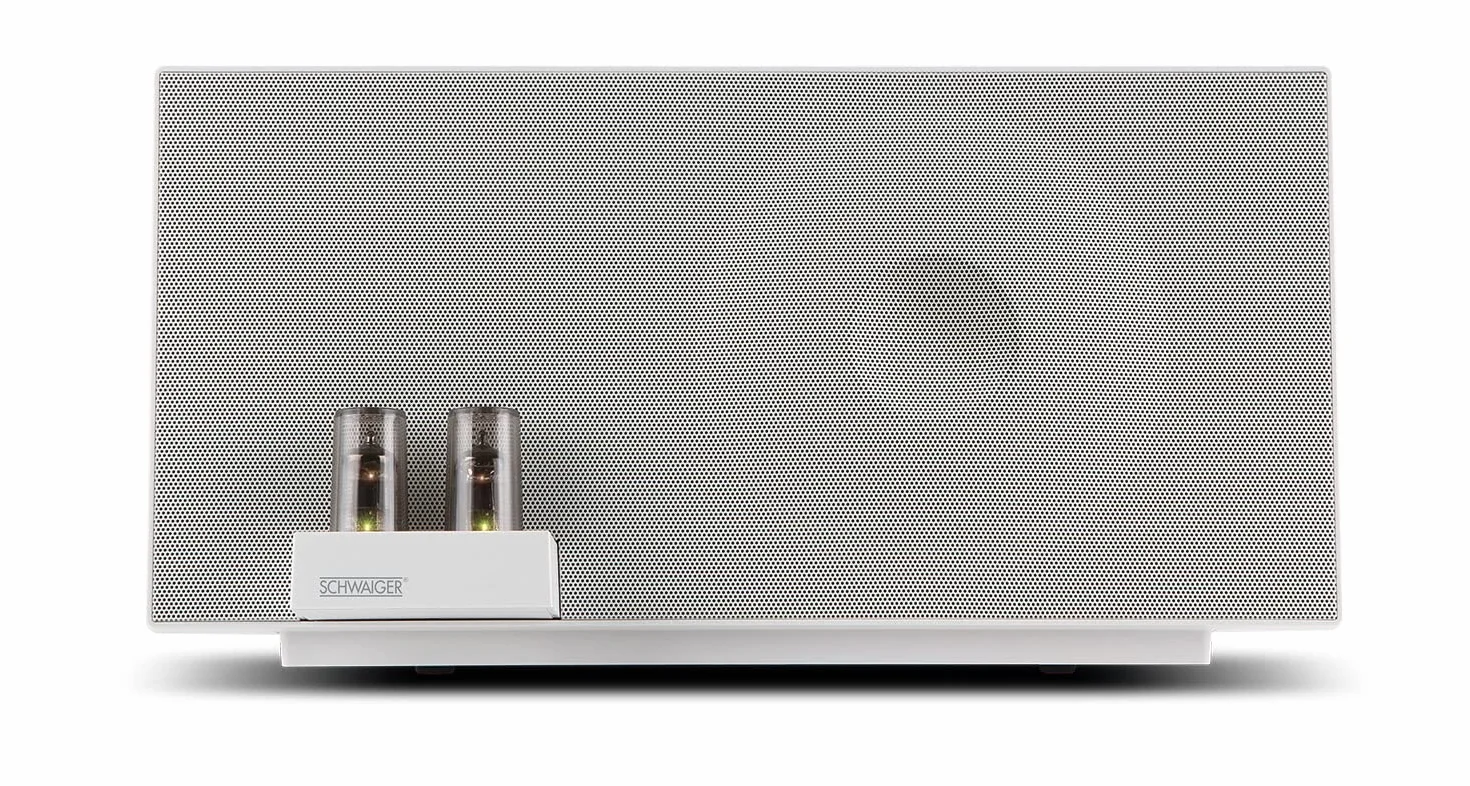 SCHWAIGER -658149- System głośników Hi-Fi | ze wzmacniaczem lampowym | 37 W | głośnik RMS | podświetlenie LED | wzmacniacz lampowy | Bluetooth | NFC | AUX | USB | Phono | biały