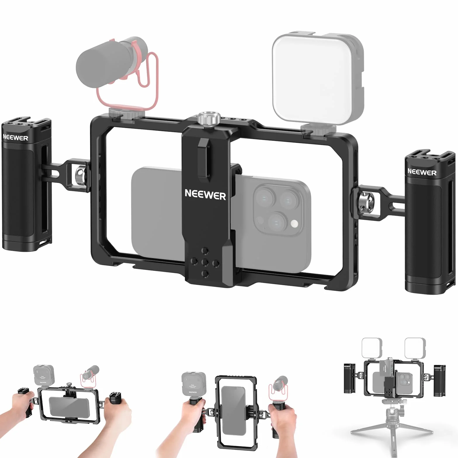 NEEWER Ulepszona klatka na telefon, zestaw do vlogowania, stabilizator wideo z podwójnym uchwytem, bezprzewodowy mikrofon do Tiktok/YouTube, kompatybilny z SmallRig iPhone 16 15 14 Pro Max Galaxy S23