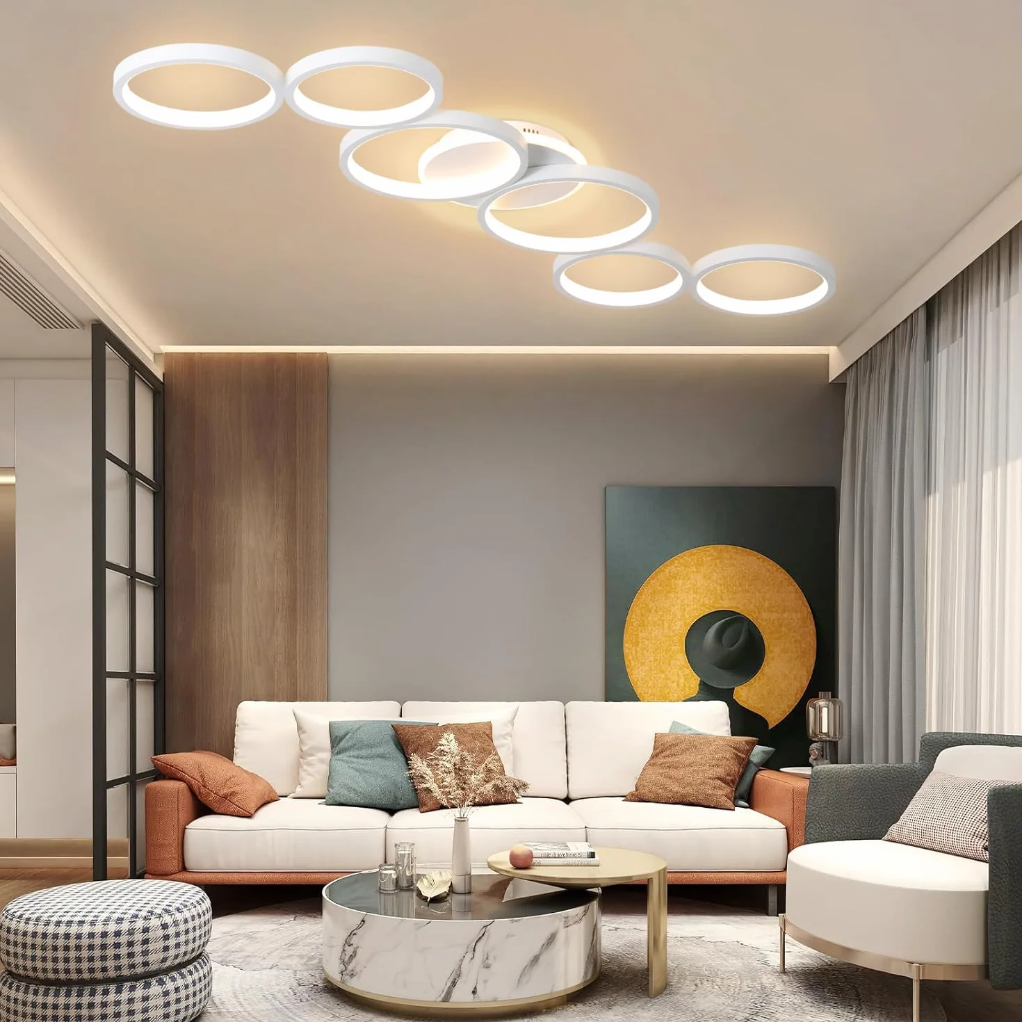 Lampa Sufitowa LED Ściemniana Lampa Sufitowa Biały Światło Salonowe Światło Sypialni Zdalne Sterowanie i Aplikacją, Nowoczesna Oświetlenie Sufitowe Okrągłe 6 Pierścień z Funkcją Pamięci, L113cm/69W