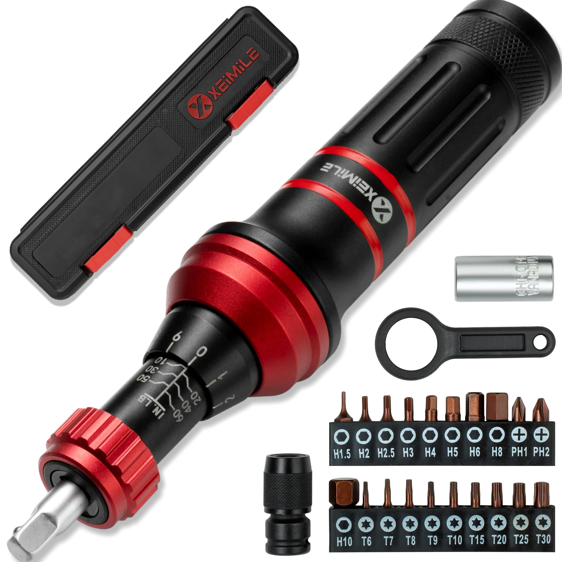 Wkrętak dynamometryczny 10-60 cali Lb, zestaw wkrętaków dynamometrycznych z uchwytem do bitów 1/10.2 cm, płaskie, sześciokątne, torx i Philips, nadaje się do konserwacji rowerów DIY, narzędzia