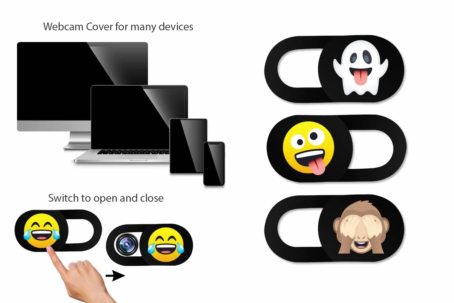Osłona kamery internetowej 3-pak ze wzorem emoji. Bardzo cienka osłona na kamere 0,8 mm, do laptopów, tabletów, telefonów komórkowych, iMac, Macbooków, iPhone'a, notebooka (Ghost, Zany Face, Monkey)