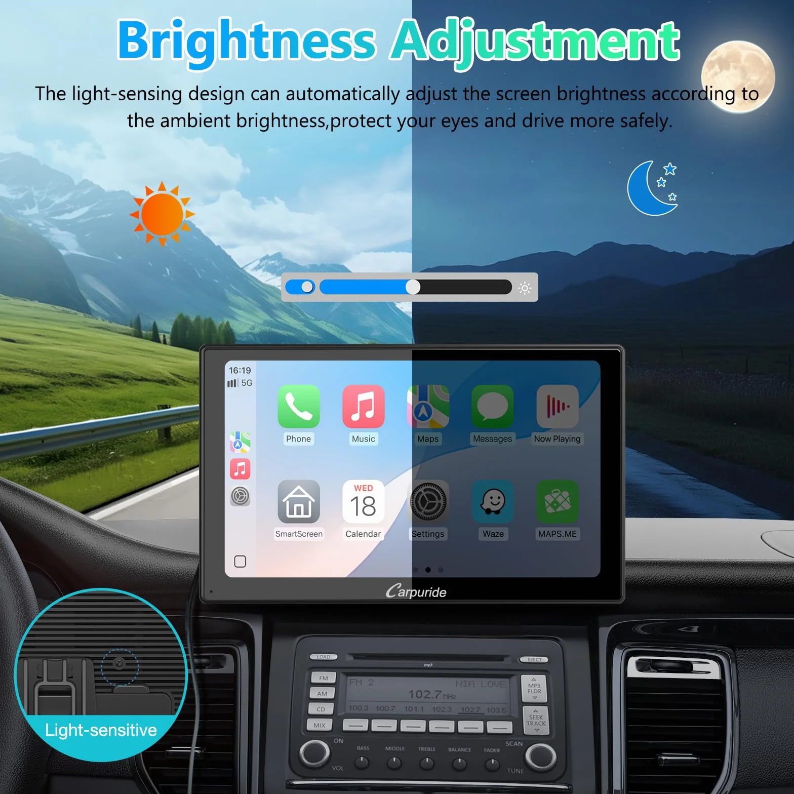 Przenośny samochodowy stereo, Carpuride V9 bezprzewodowe Carplay i Android Auto, 9-calowe radio z ekranem dotykowym 1080P HD z BT 5.0, łącze lustrzane, czujnik światła, uchwyt na deskę