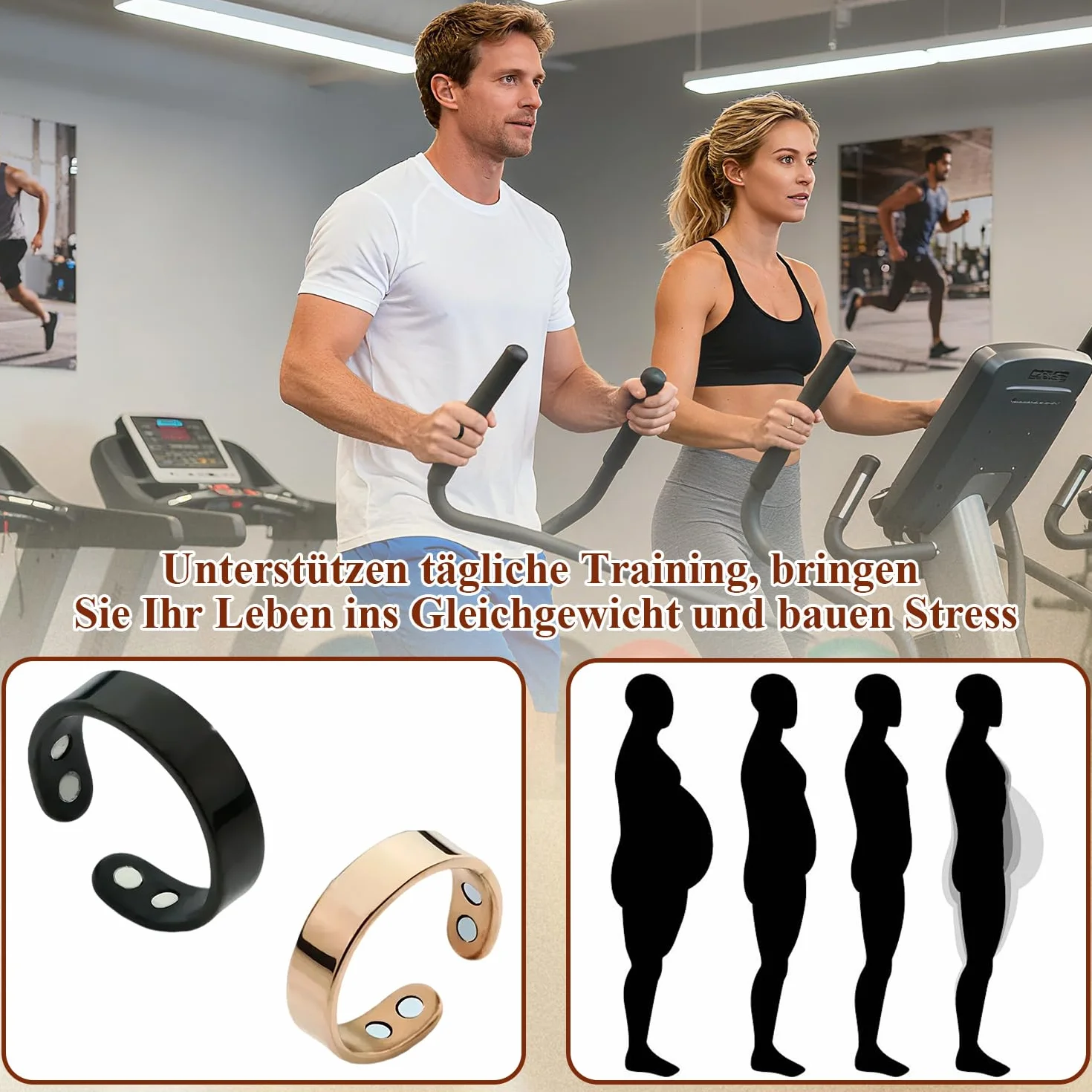 2 sztuki damskich pierścionków magnetycznych, Vital Ring Menopauza, stal nierdzewna, stylowa biżuteria magnetyczna z aksamitnym woreczkiem, wspierający kciuk na stres i zmęczenie (różowe złoto, czarny