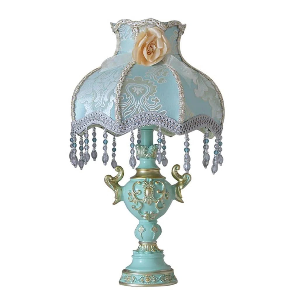 Lampa biurkowa Klasyczna wiktoriańska lampka nocna na stolik nocny w stylu francuskim, abażur z tkaniny kwiaty vintage, do sypialni