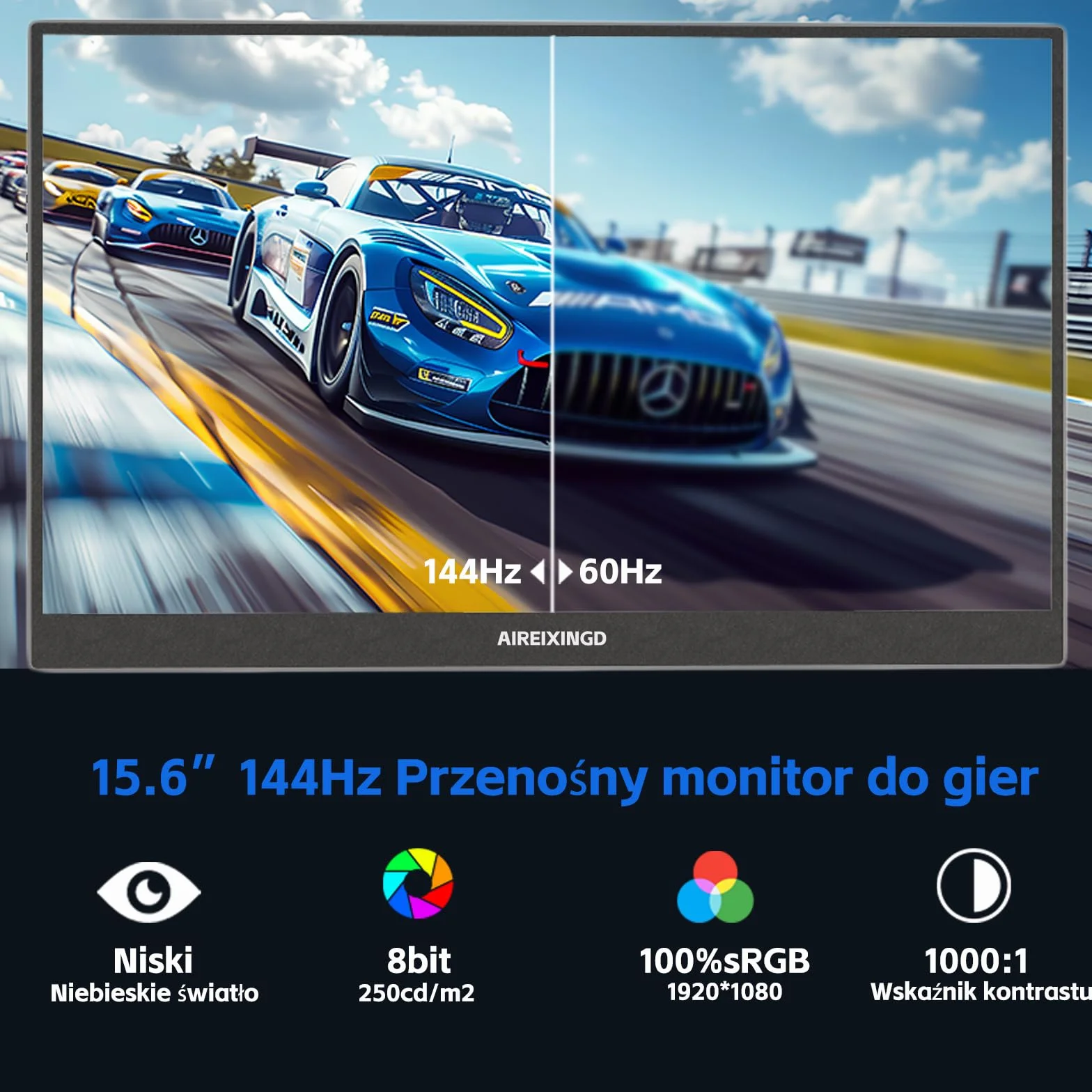 Przenośny Monitor 15.6" 144Hz 1ms 1920x1080 FHD IPS HDR Gamingowy USB C HDMI VESA