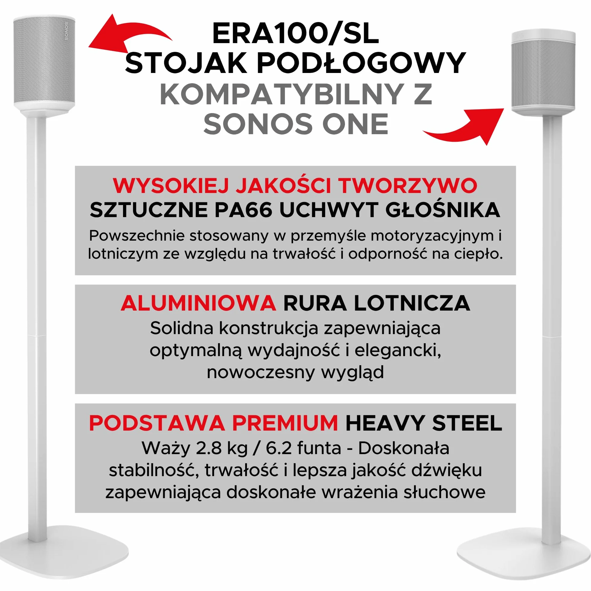 Sound Bass ERA 100 Stojak Podłogowy, Zestaw Podwójny (2 szt.), Kompatybilny z Sonos ERA100, ERA 100 SL, Sonos ONE i Play:1, Akcesoria w Zestawie, Zaprojektowany w Wielkiej Brytanii, Biały