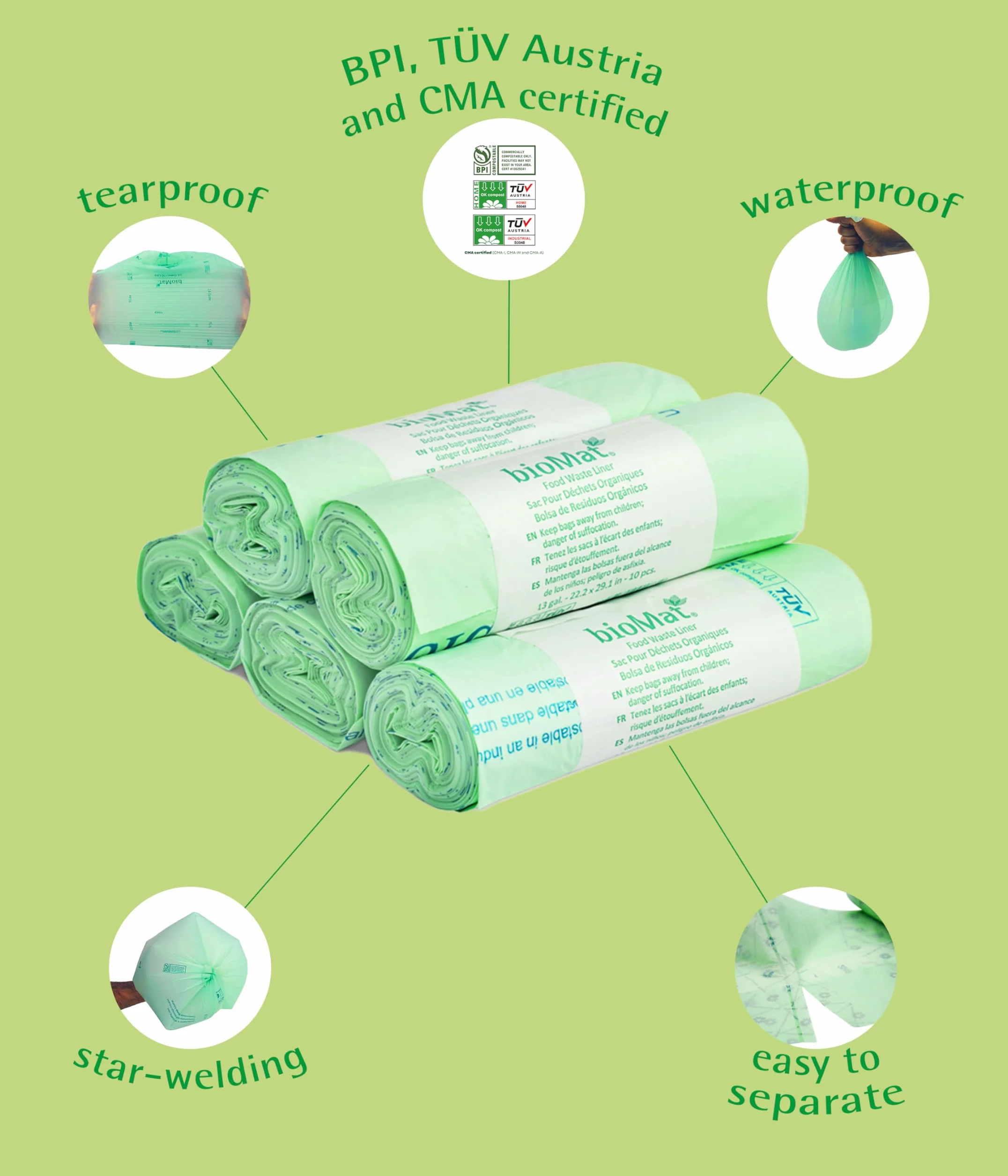 bioMat Kompostowalne 10l Worki na odpady organiczne z uchwytem, 26 Worków, Jakość Premium, Certyfikat DIN+, Neutralne dla Klimatu, Made in Germany