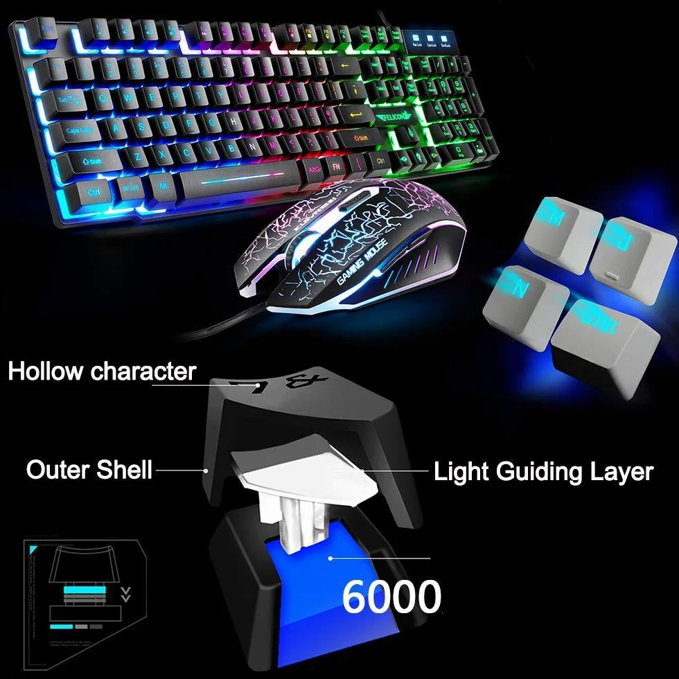 Zestaw klawiatury i myszy do gier UK Układ Ergonomiczna klawiatura do gier Rainbow podświetlana + 2400DPI 6 przycisków optycznych USB Rainbow LED Gaming Mouse + DARMOWA podkładka pod mysz