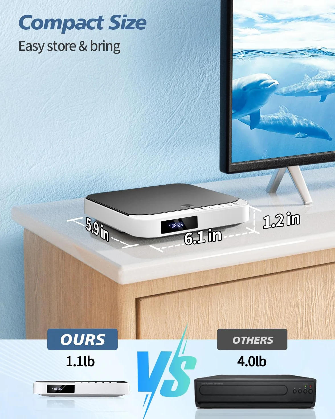 DESOBRY Mini odtwarzacz DVD 1080P HD, mały odtwarzacz DVD do telewizora, bez wszystkich regionów, kompaktowe, odtwarzanie w wielu formatach, wyjście HDMI i AV, wejście karty USB/TF, pilot zdalnego
