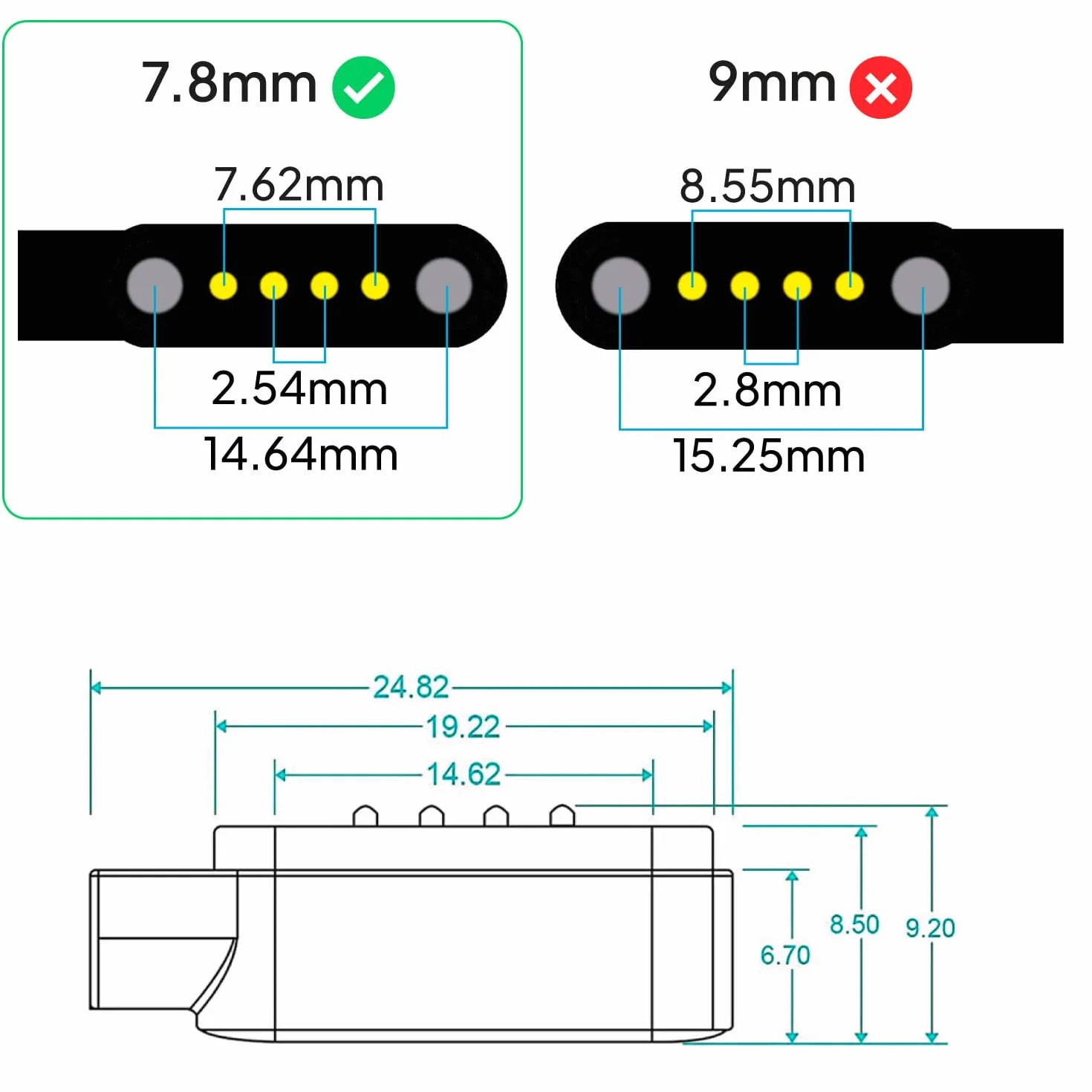 OcioDual Kabel USB do ładowania smartwatcha, uniwersalny model 4-biegunowy, 7,8 mm, podstawa magnetyczna, różne modele smartwatcha, czarny