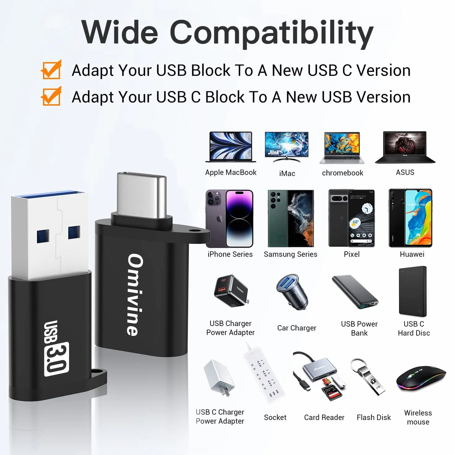 Omivine 2-pak adapter USB-C na USB 3.0 i adapter USB na typ C, 5 Gbit/s USB 3.0 OTG adapter z paskiem do noszenia, konwerter ładowarki do smartfona/laptopa/samochodu/powerbanku/koncentratora/słuchawek/mikrofonu