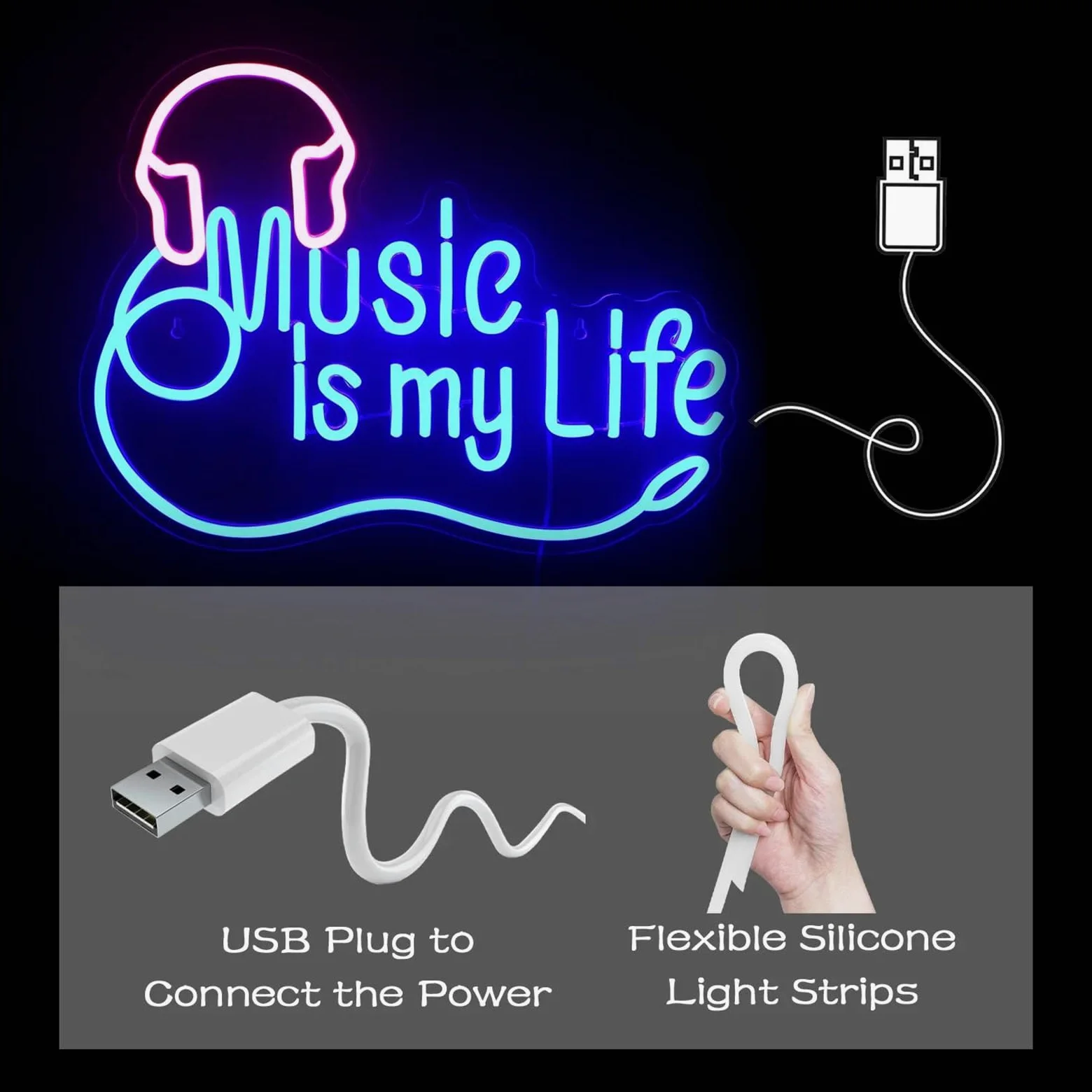 muzyka to moje życie neon led słuchawki neony znaki sypialnia pokój dziecięcy studio muzyczne klub impreza muzyczna muzyka na żywo nocny wystrój usb zasilany neonem