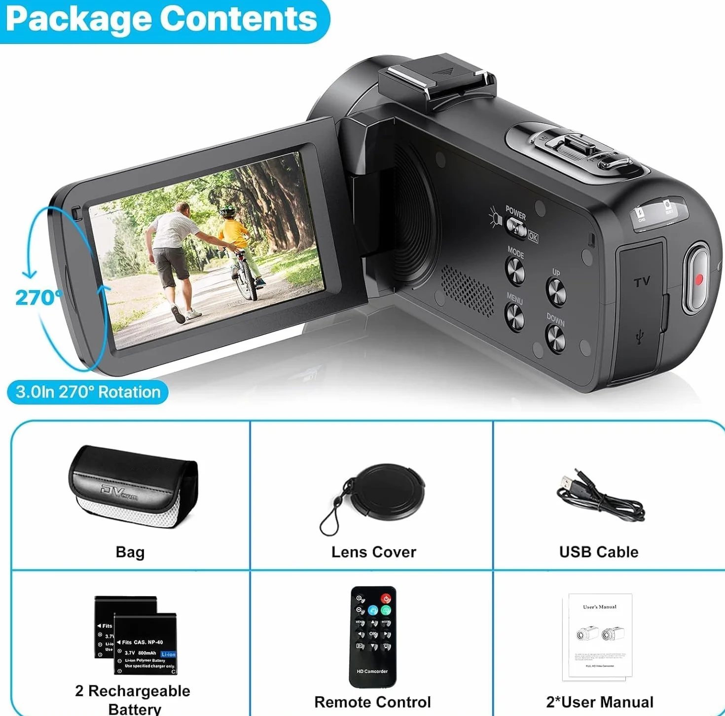 Kamera wideo Camcorder 1080P 30FPS 36MP Vlogging Kamera Recorder do YouTube, cyfrowa kamera wideo z noktowizorem IR, 3.0'' ekran IPS, zoom cyfrowy x16, cyfrowa kamera z pilotem zdalnego sterowania, 2