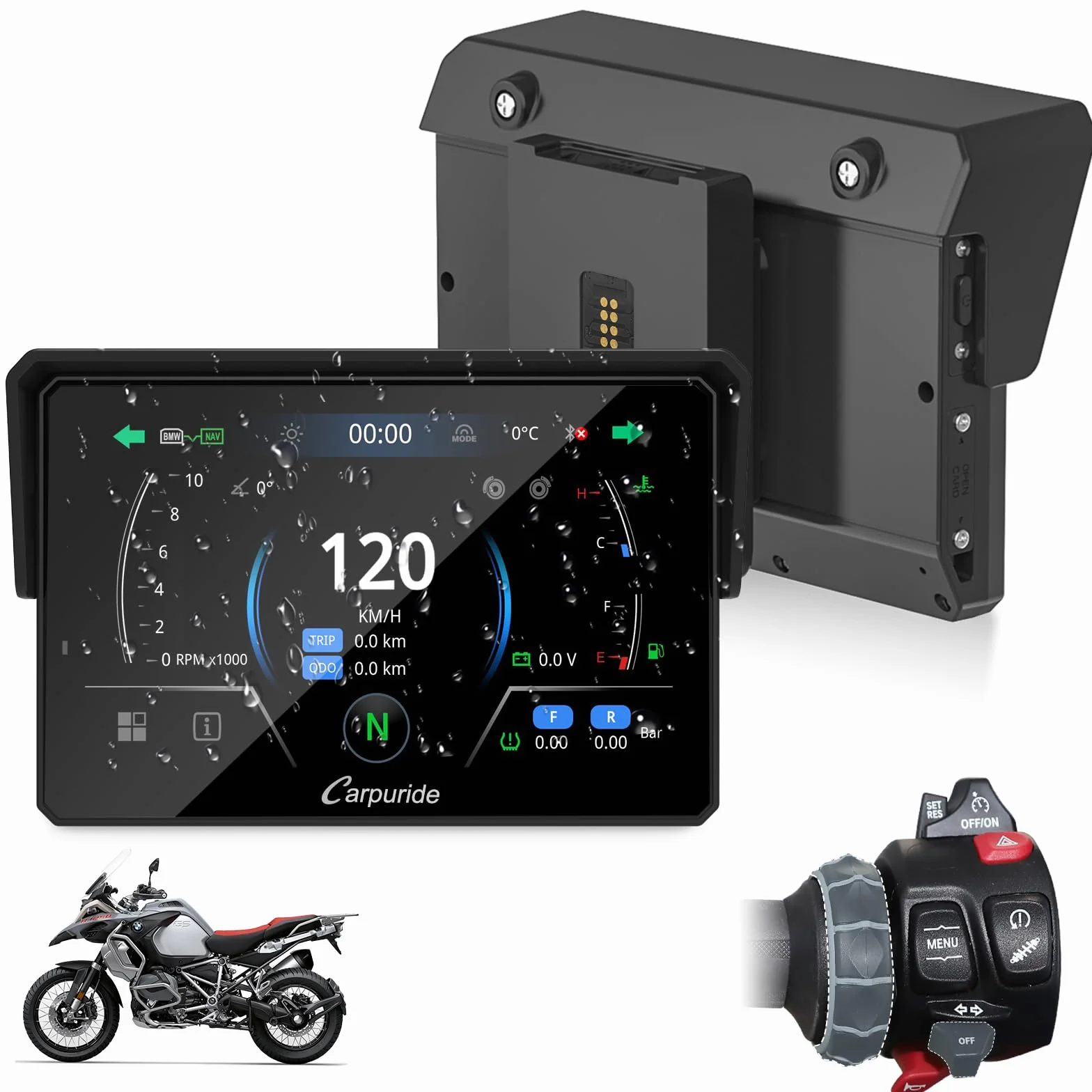 CARPURIDE W502BS PRO do motocykli BMW, CarPlay i Android Auto, podwójny Bluetooth, 5-calowy wodoodporny ekran nawigacji GPS, odczyt danych, Native Wonder, TPMS, czujnik światła, udostępnianie muzyki,