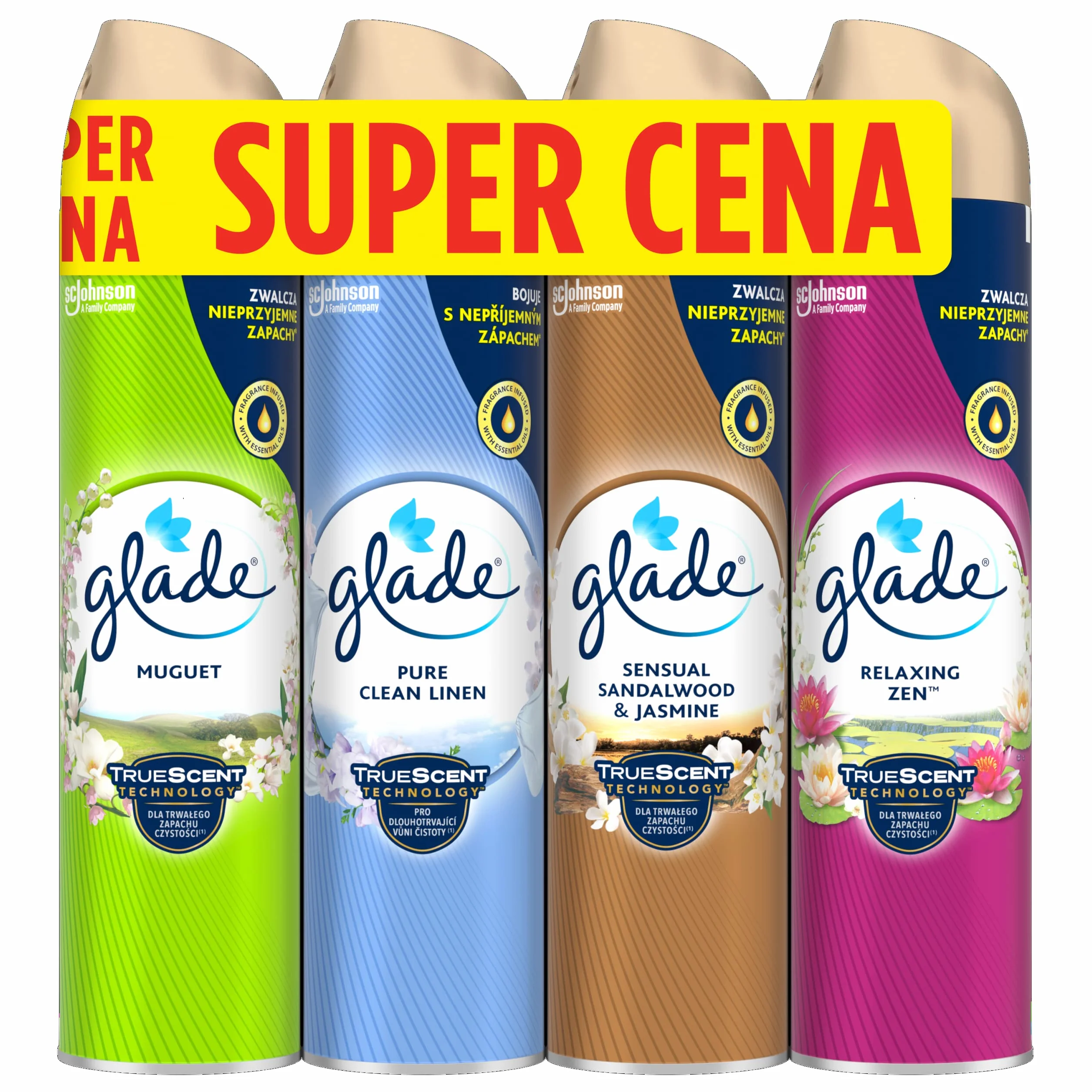 Glade Odświeżacz Powietrza w Sprayu, Eliminuje Nieprzyjemne Zapachy w Domu i Łazience, Różne Zapachy, Zestaw 4 x 300 ml