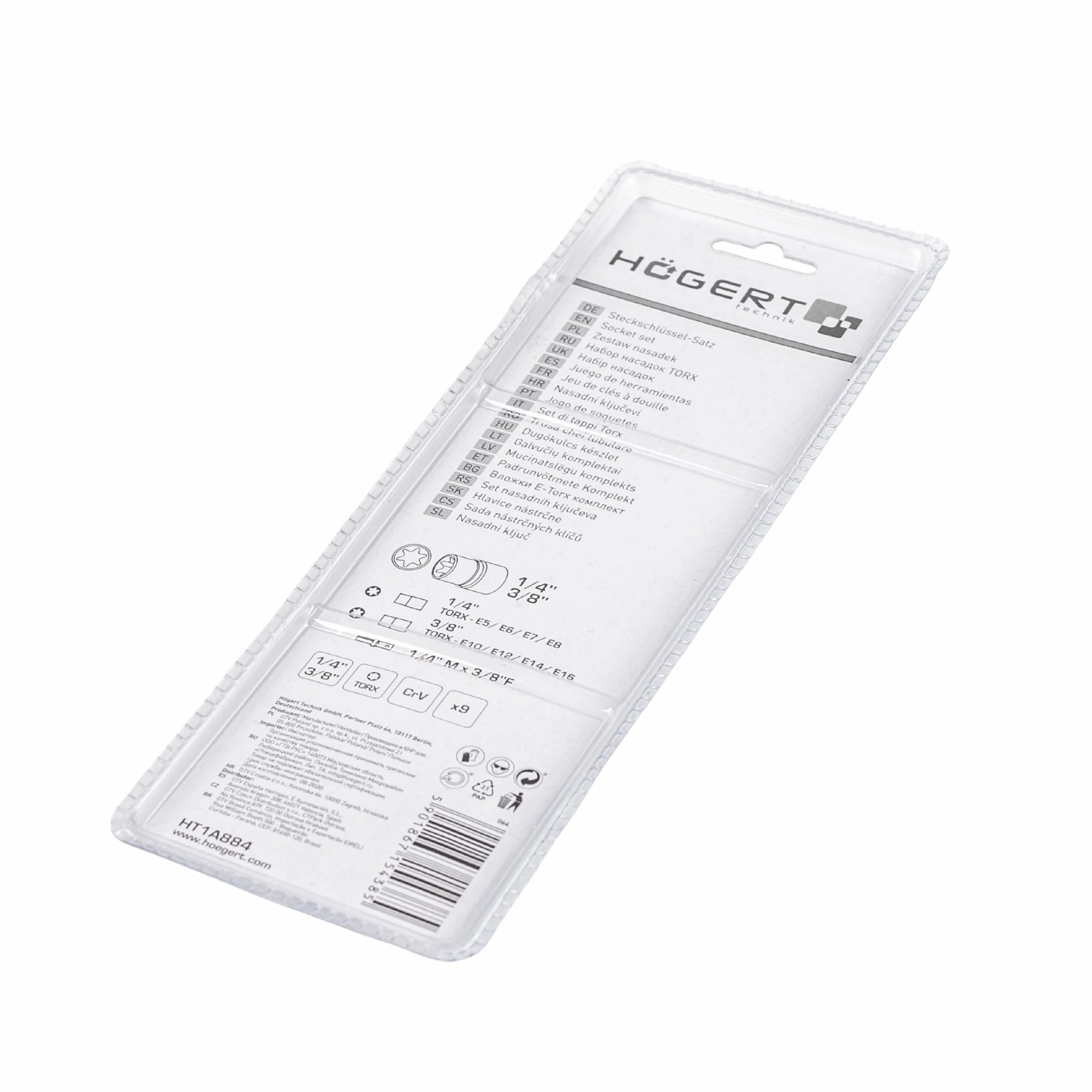Högert HT1A884 zestaw kluczy nasadowych z narzędziami, ze stopu stali chromowo-wanadowej, zestaw 9 kluczy nasadowych Torx, srebrne, 1/4" E5-E8, 3/8 E10-E16, CRV