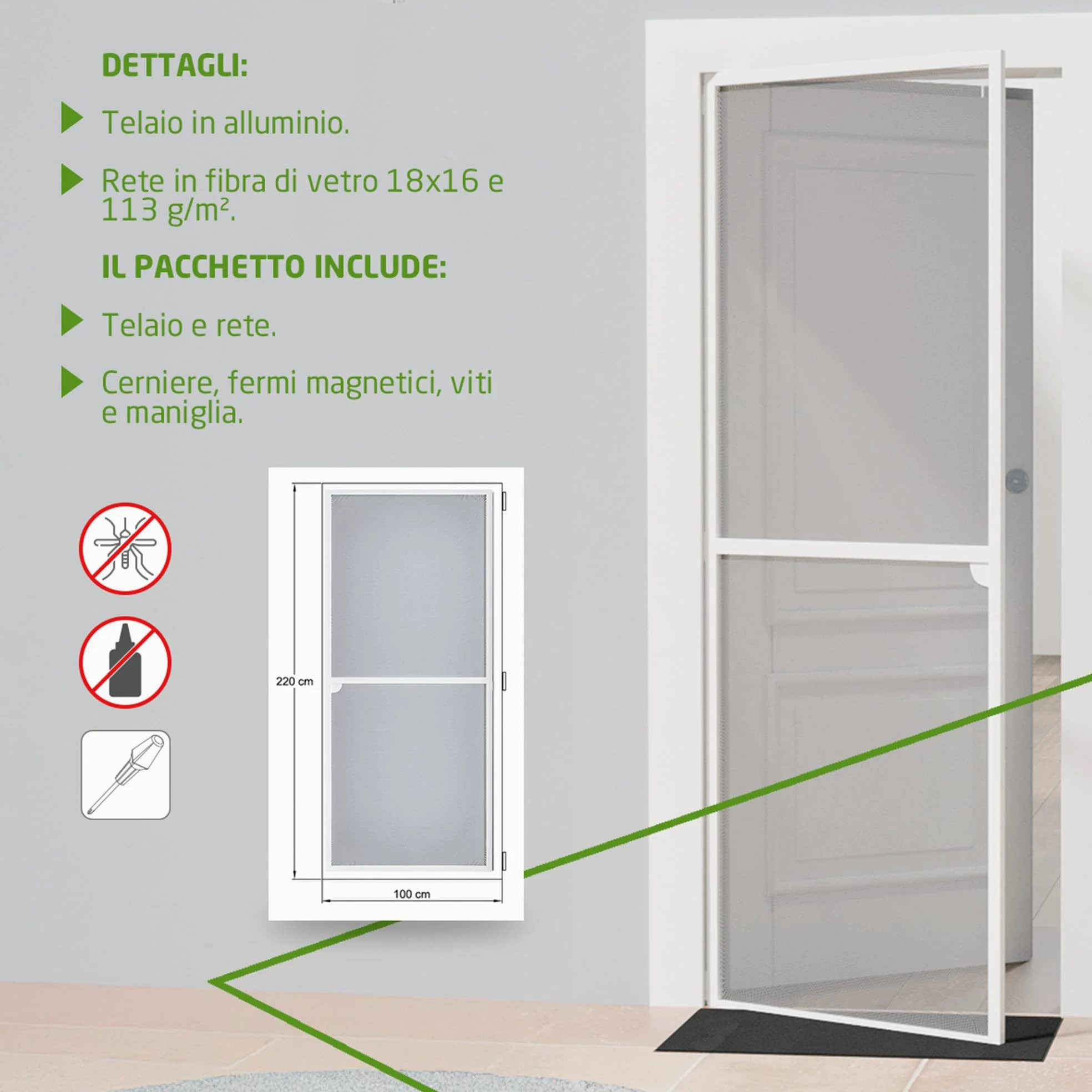 Amig Moskitiera do drzwi, 100 x 220 cm, skuteczna ochrona, regulowana, kompletny zestaw z ramą, siatką i akcesoriami, aluminium i włókno szklane, biało-szara, ochrona przed komarami